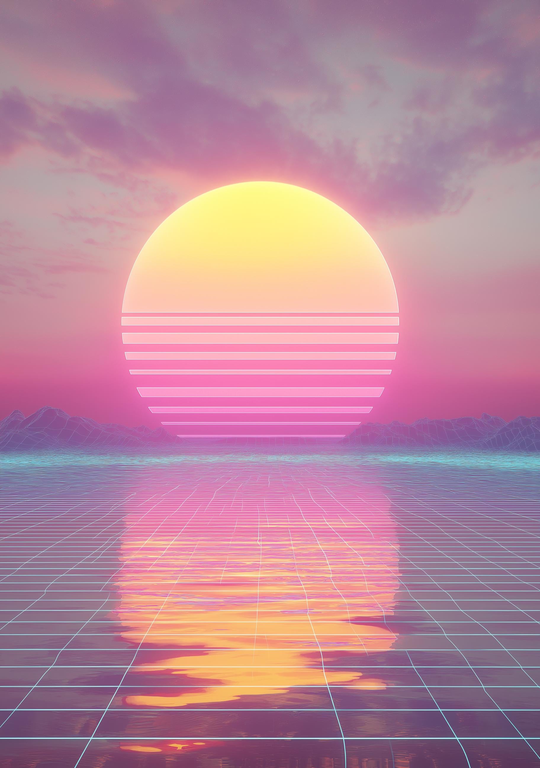 Retro Futuristic 80s Synthwave Sunset Wall Art by The Wall Art Studio