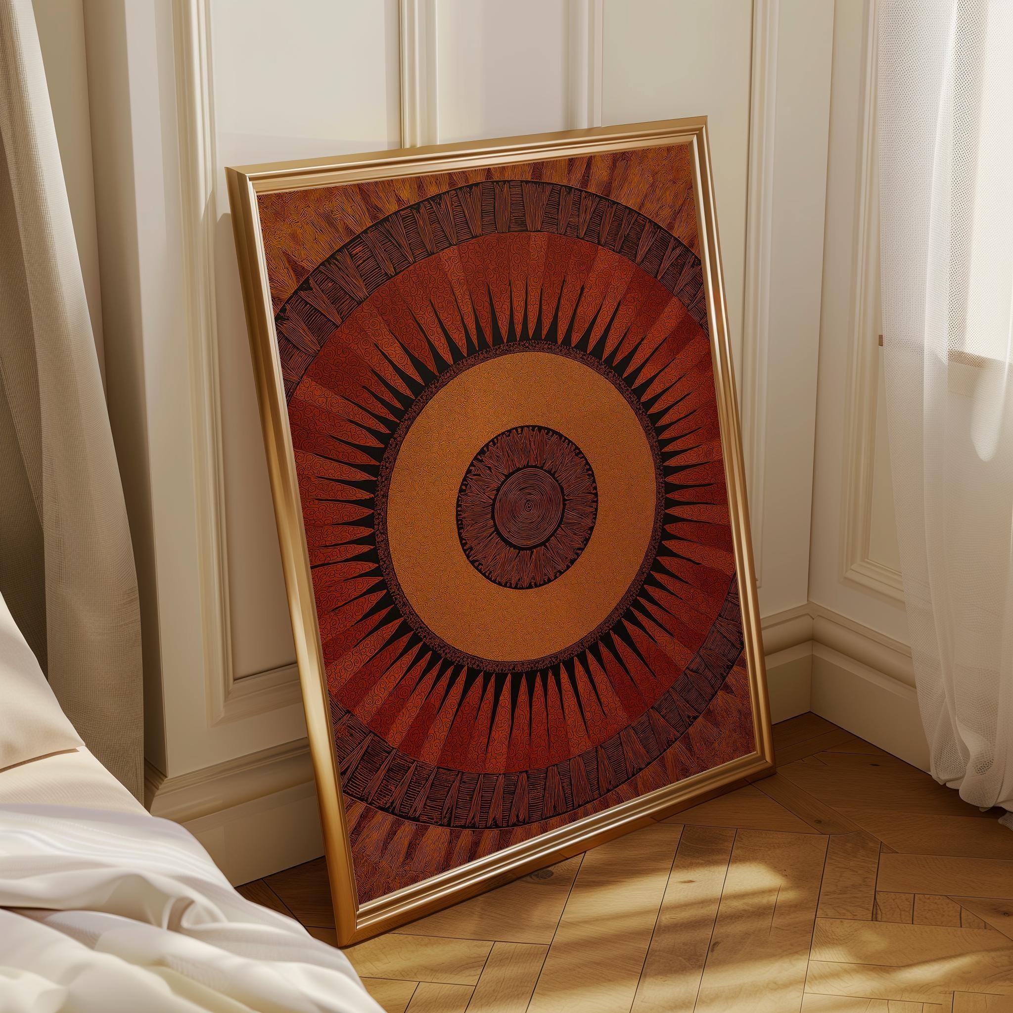 Mid Century Modern Sunburst Wall Art, Retro Geometric Sun Print, Burnt Orange Abstract Poster, Bauhaus Style Artwork, MCM Décor