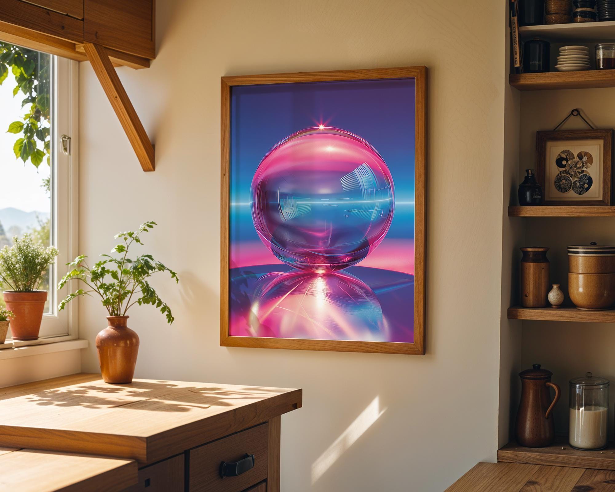 1980s Retro Futuristic Neon Synthwave Chrome Sphere Wall Art by The Wall Art Studio