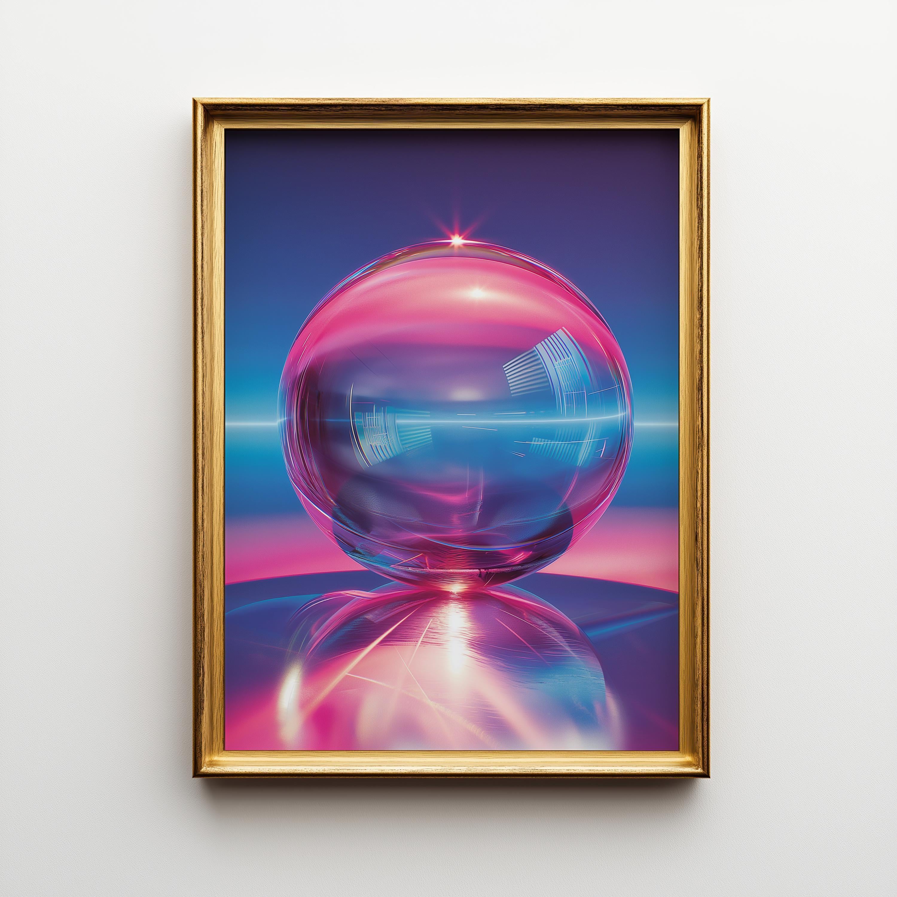 1980s Retro Futuristic Neon Synthwave Chrome Sphere Wall Art by The Wall Art Studio