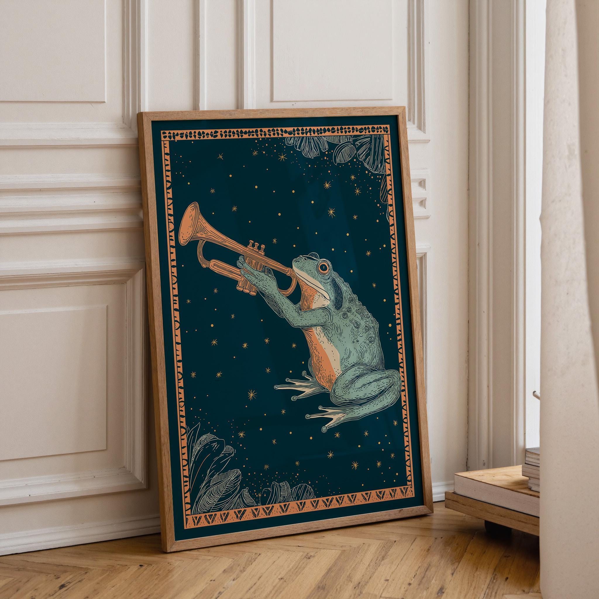 Vintage Frog Trumpet Whimsical Night Sky Wall Art by The Wall Art Studio