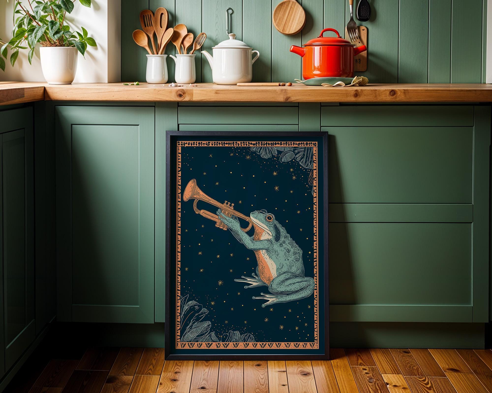 Vintage Frog Trumpet Whimsical Night Sky Wall Art by The Wall Art Studio