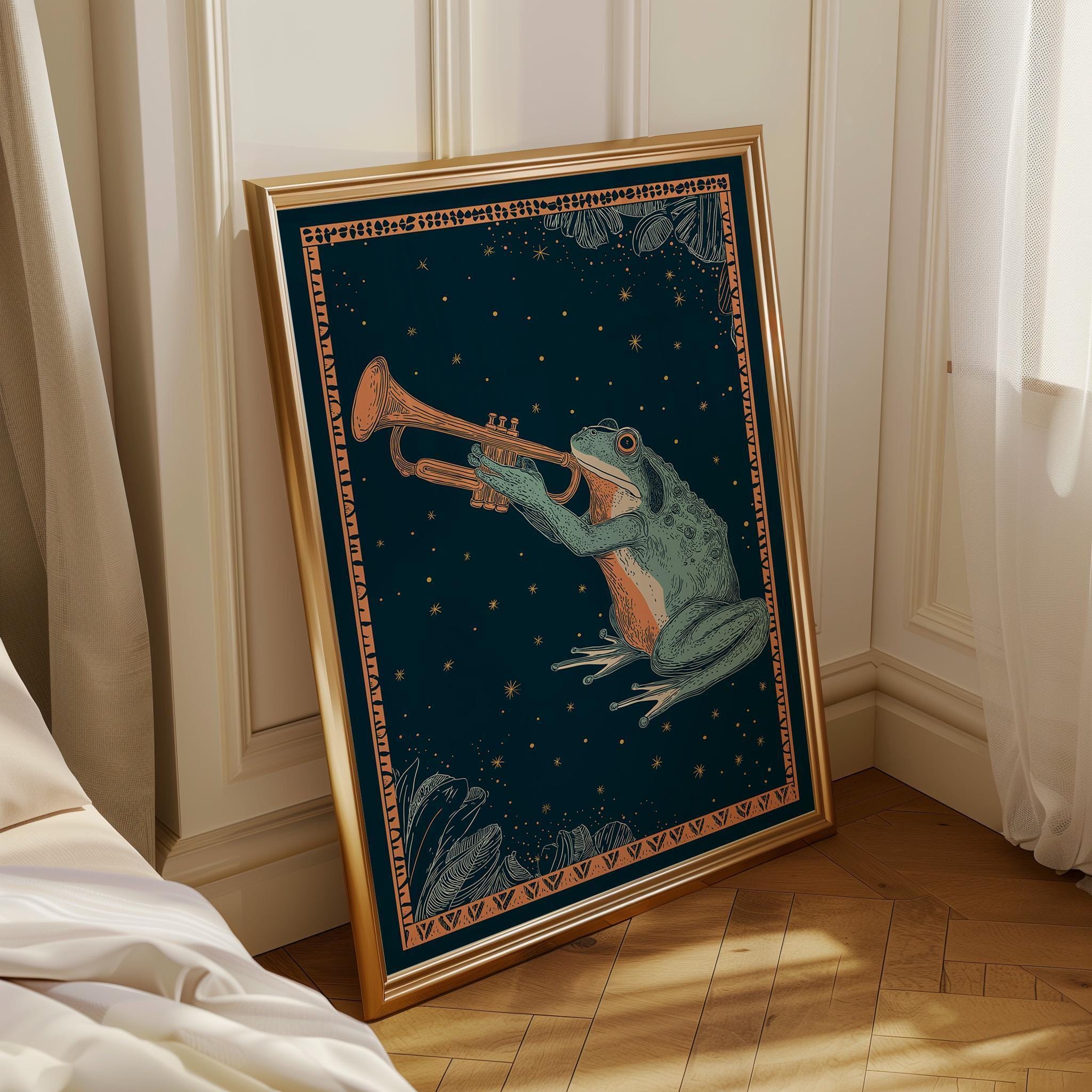 Vintage Frog Trumpet Whimsical Night Sky Wall Art by The Wall Art Studio
