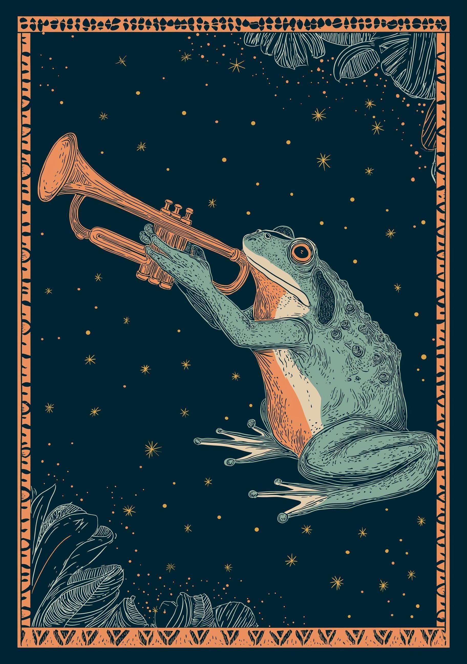 Vintage Frog Trumpet Whimsical Night Sky Wall Art by The Wall Art Studio