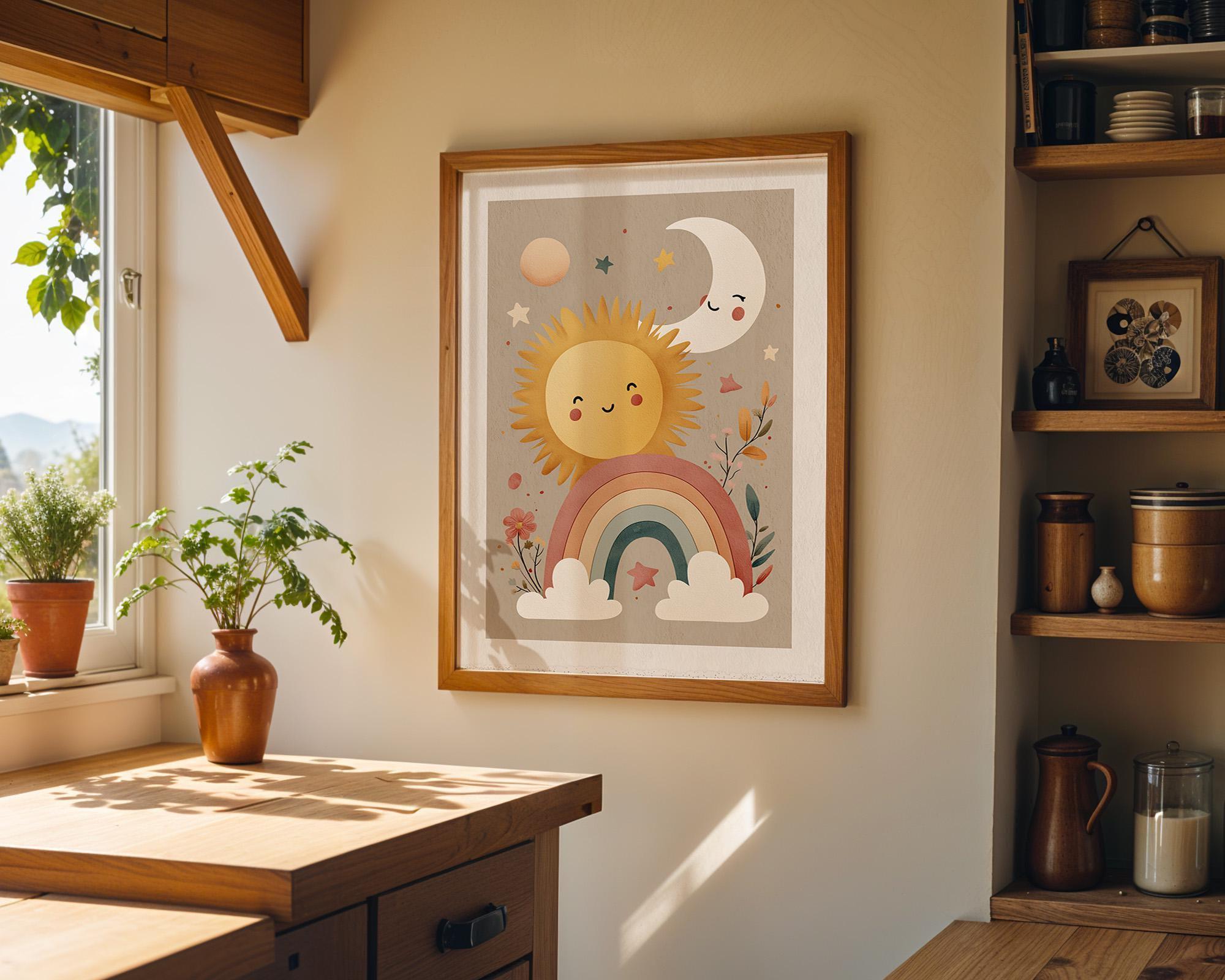 Boho Sun Moon Nursery Pastel Celestial Wall Art by The Wall Art Studio