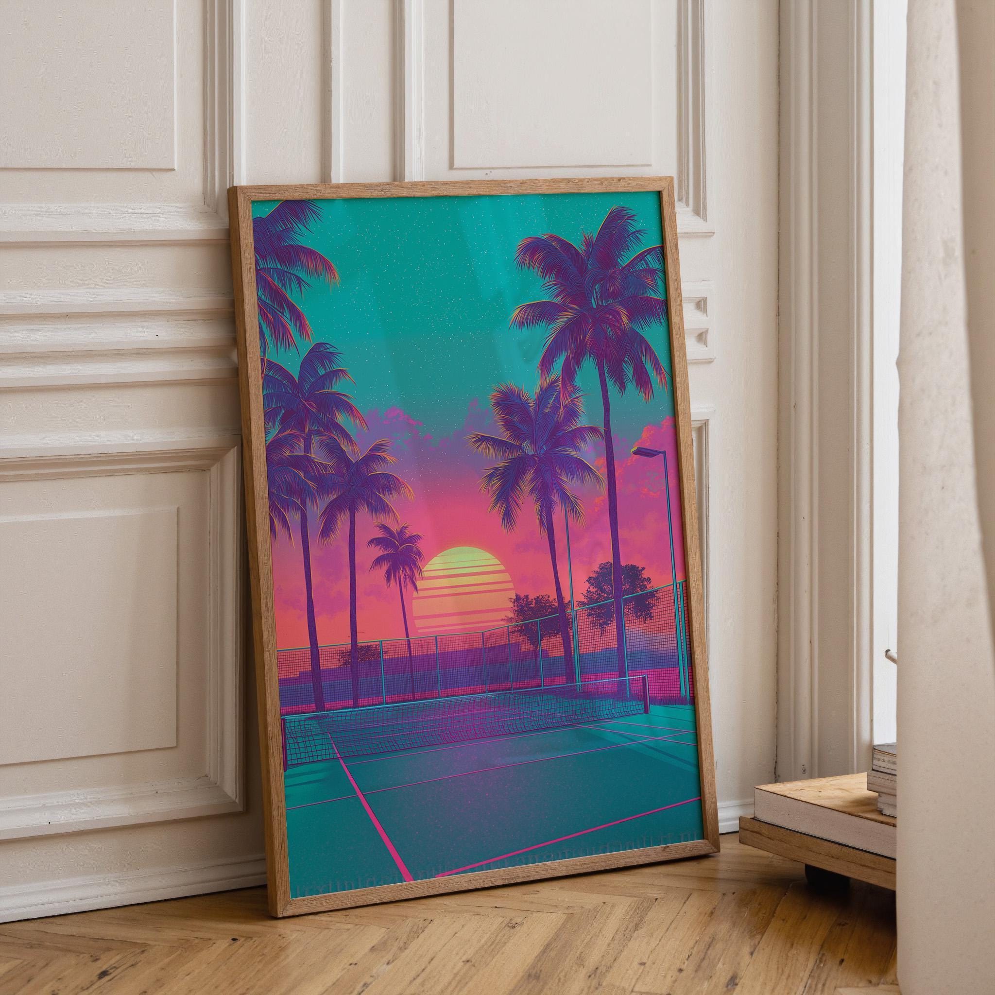 Retro Tennis Court Wall Art Synthwave Tennis Wall Art by The Wall Art Studio