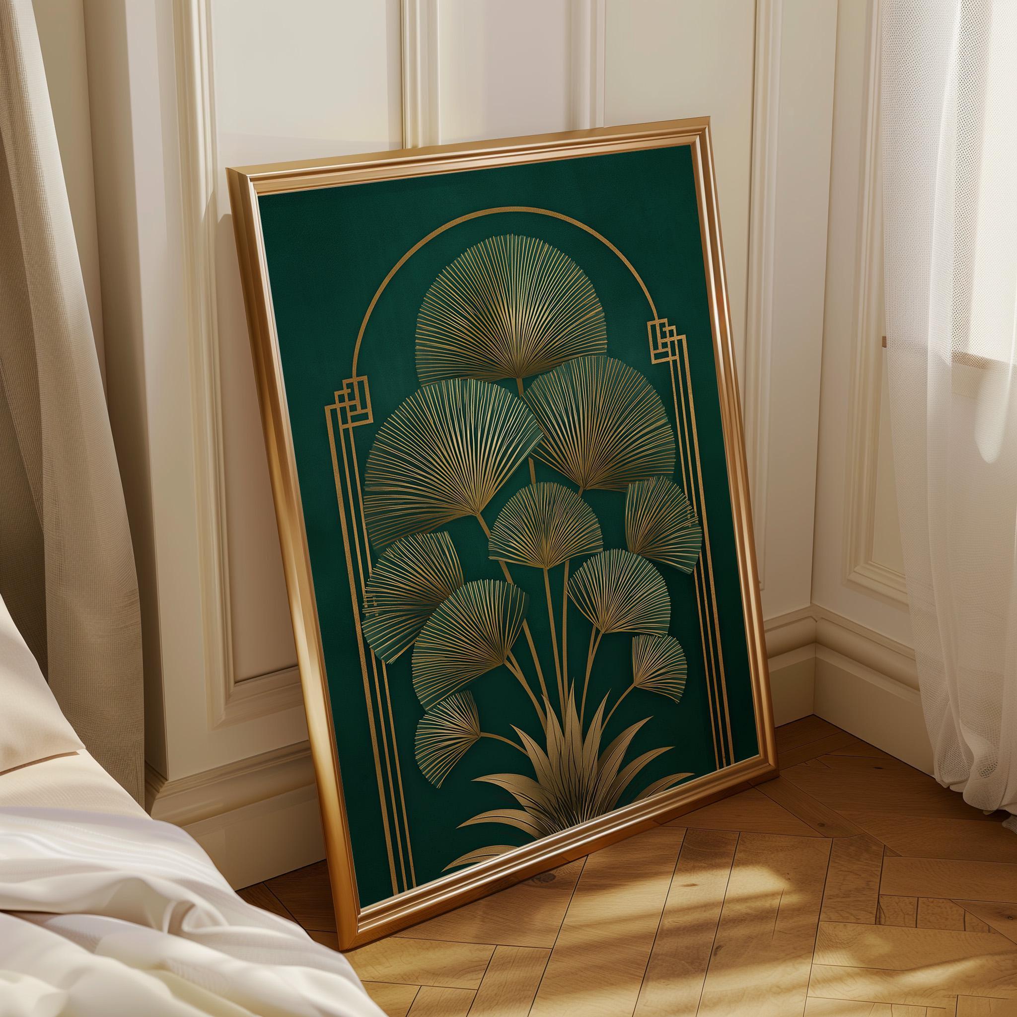 Art Deco Botanical Green & Gold Elegant Leaf Wall Art by The Wall Art Studio
