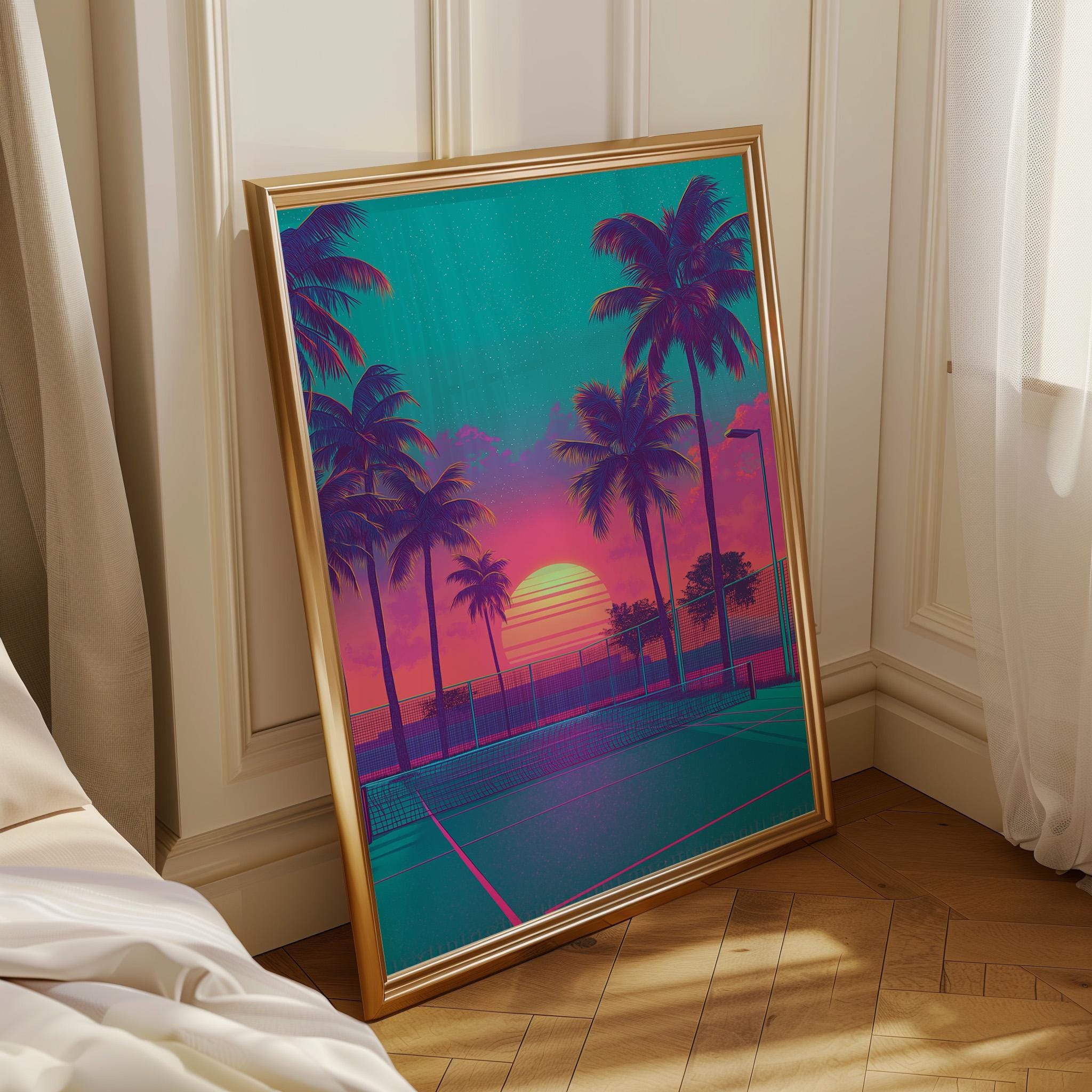Retro Tennis Court Wall Art Synthwave Tennis Wall Art by The Wall Art Studio