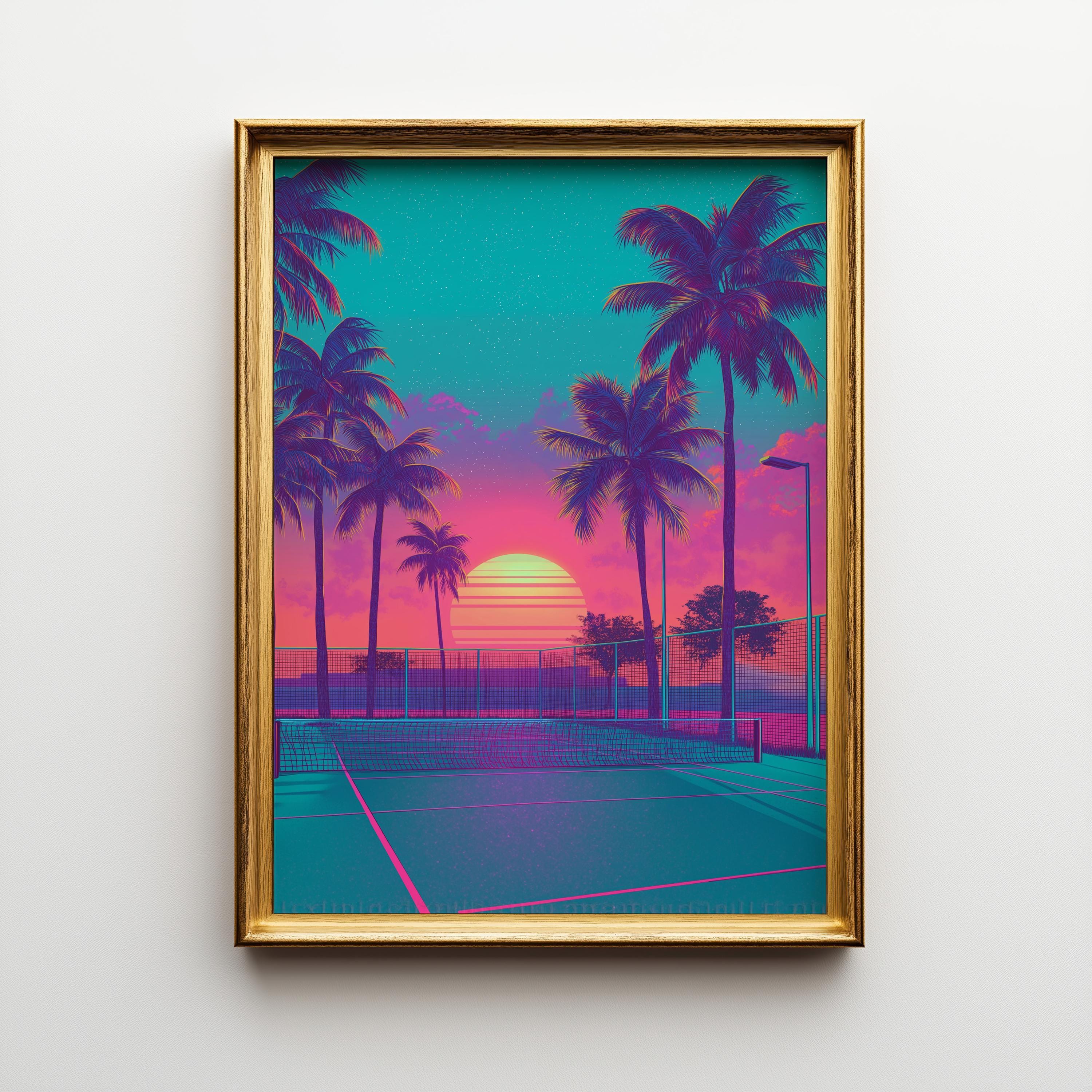 Retro Tennis Court Wall Art Synthwave Tennis Wall Art by The Wall Art Studio