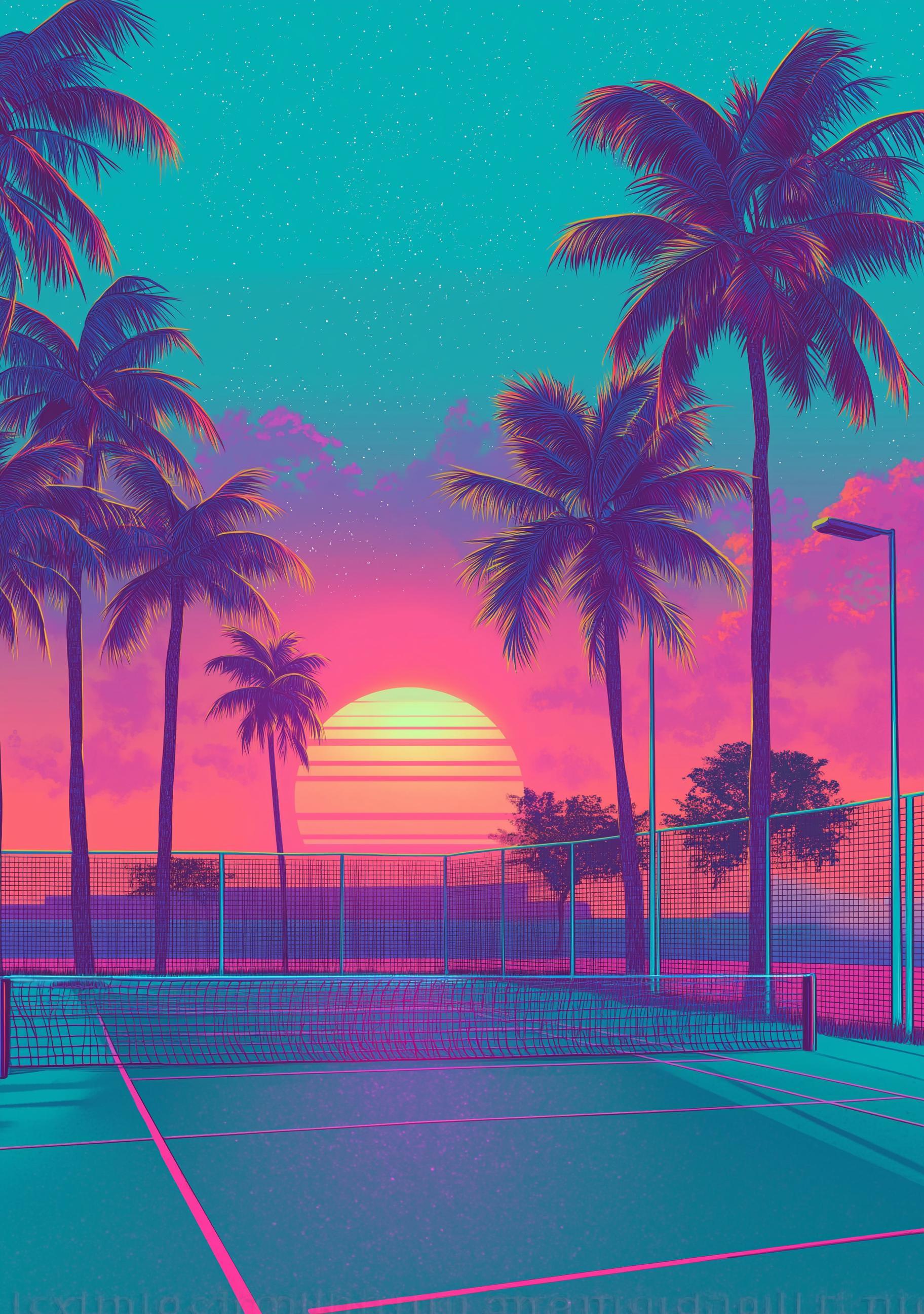 Retro Tennis Court Wall Art Synthwave Tennis Wall Art by The Wall Art Studio