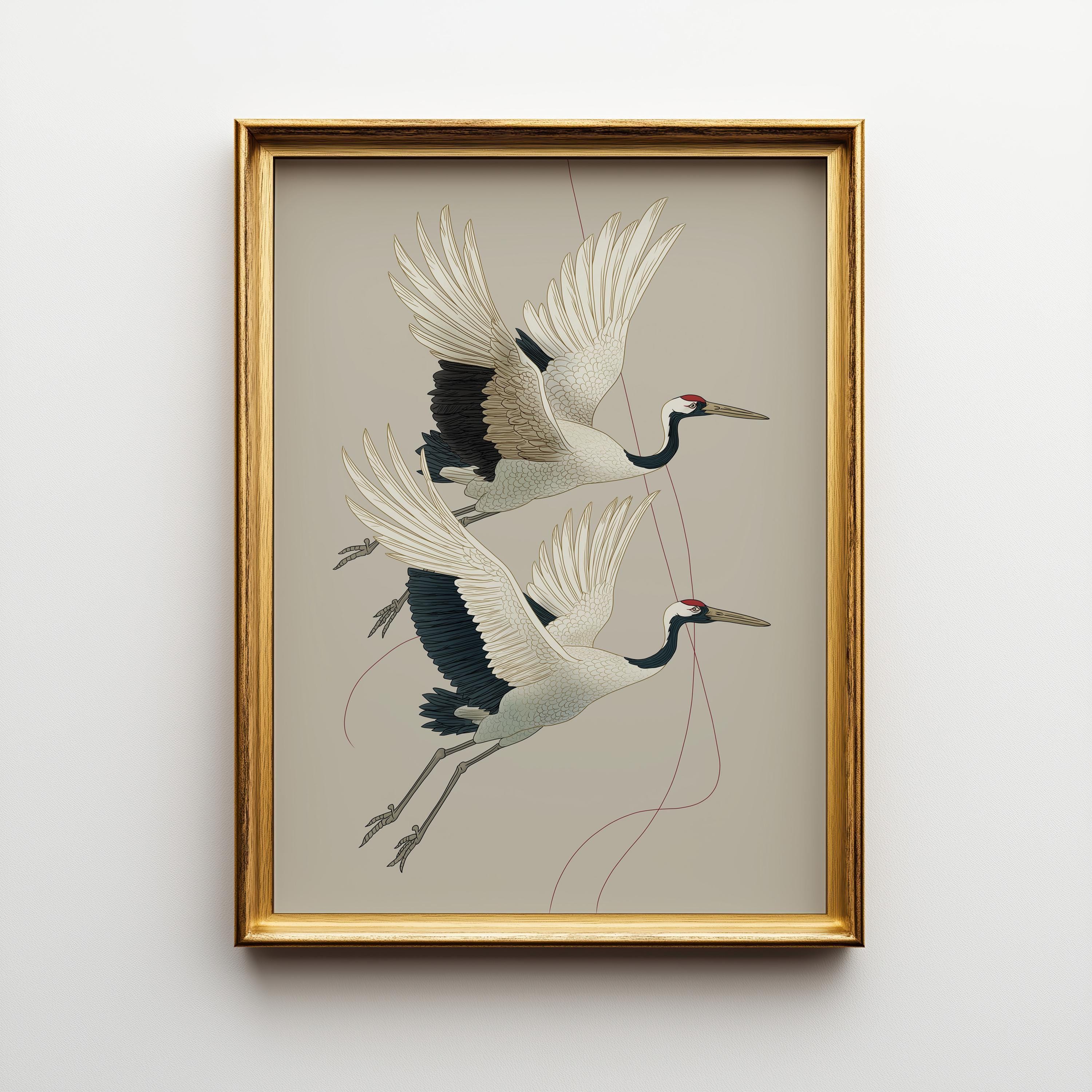 Japanese Crane Ukiyo-e Inspired Bird Wall Art by The Wall Art Studio