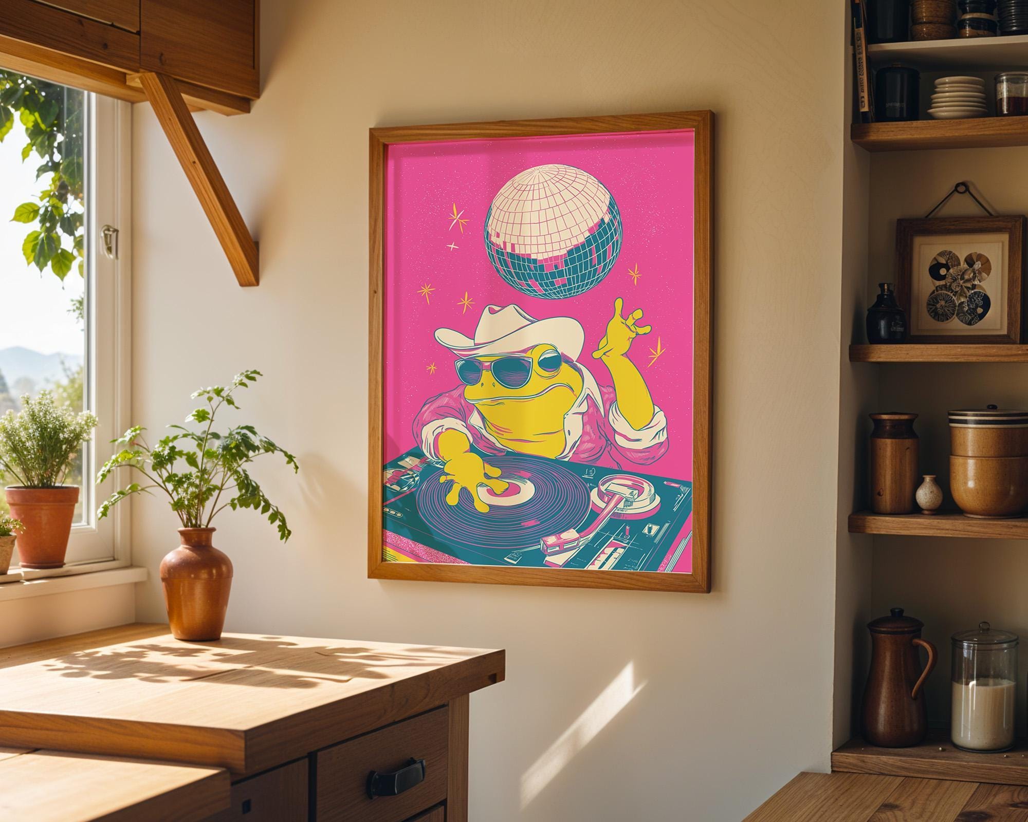 Frog DJ Disco Retro Animal Pink Maximalist Wall Art by The Wall Art Studio - physical