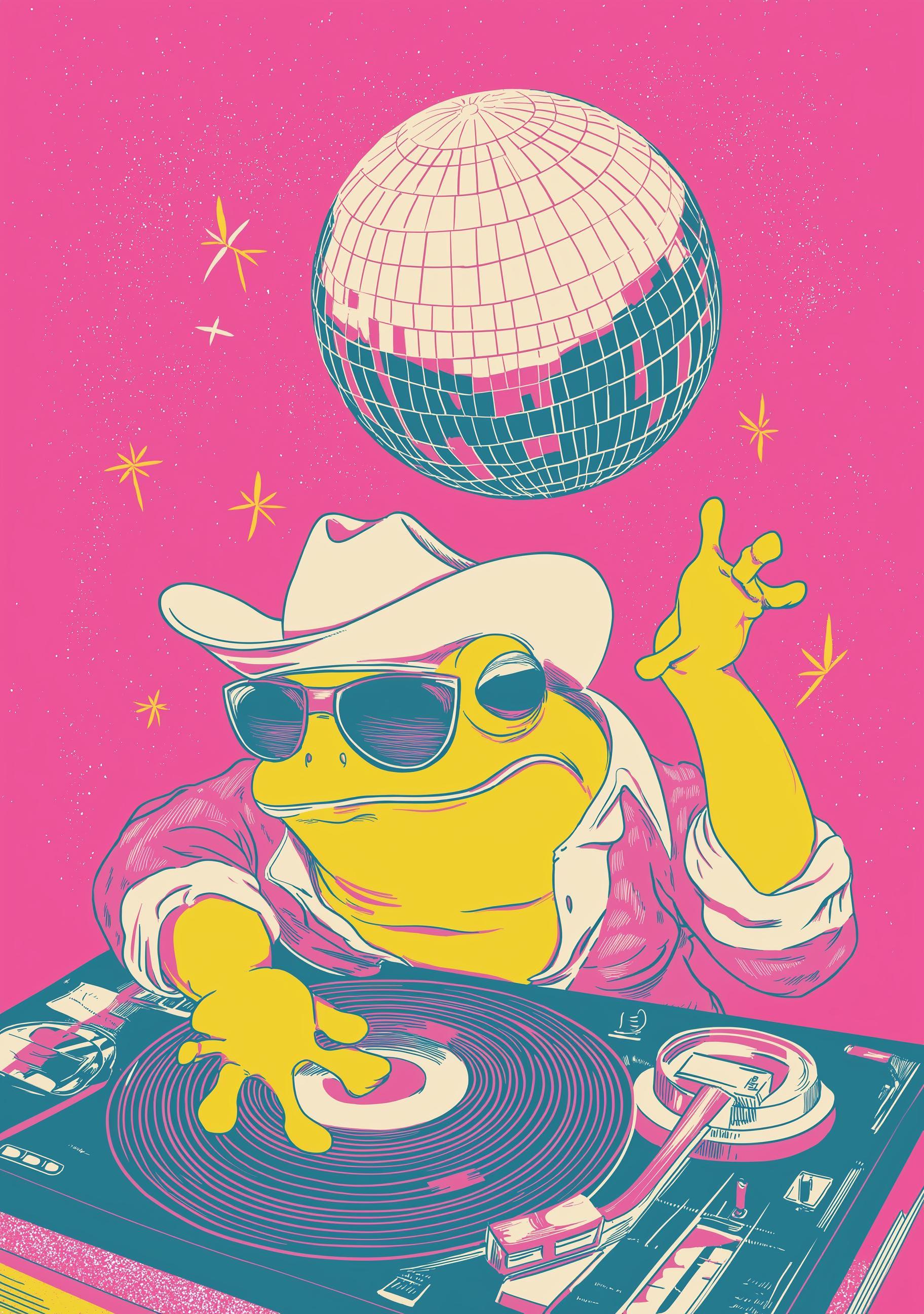 Frog DJ Disco Retro Animal Pink Maximalist Wall Art by The Wall Art Studio - physical