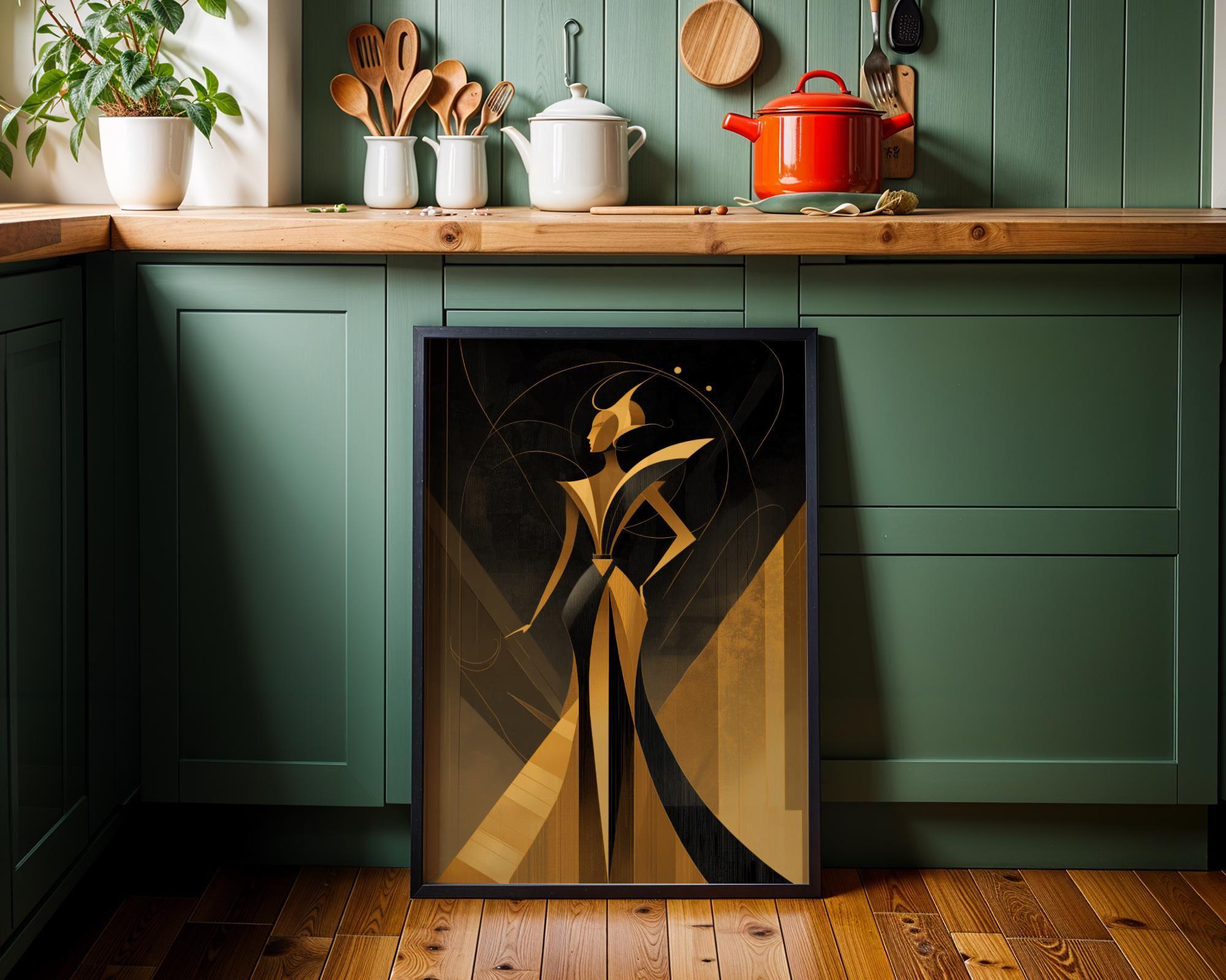 Art Deco lEegant Black & Gold Goddess Woman Wall Art by The Wall Art Studio