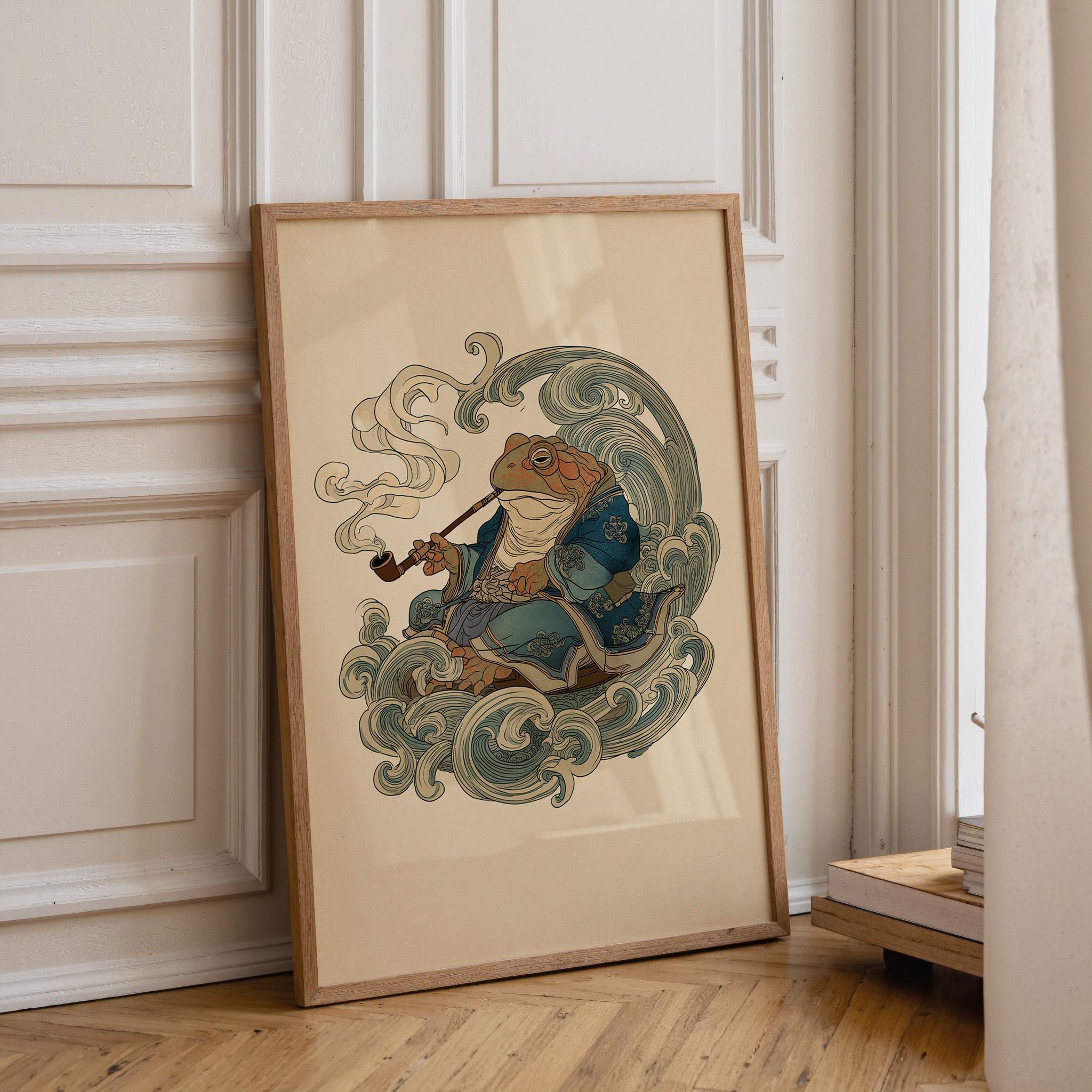 Japanese Whimsical Frog in Kimono, Yokai-Inspired Wall Art by The Wall Art Studio