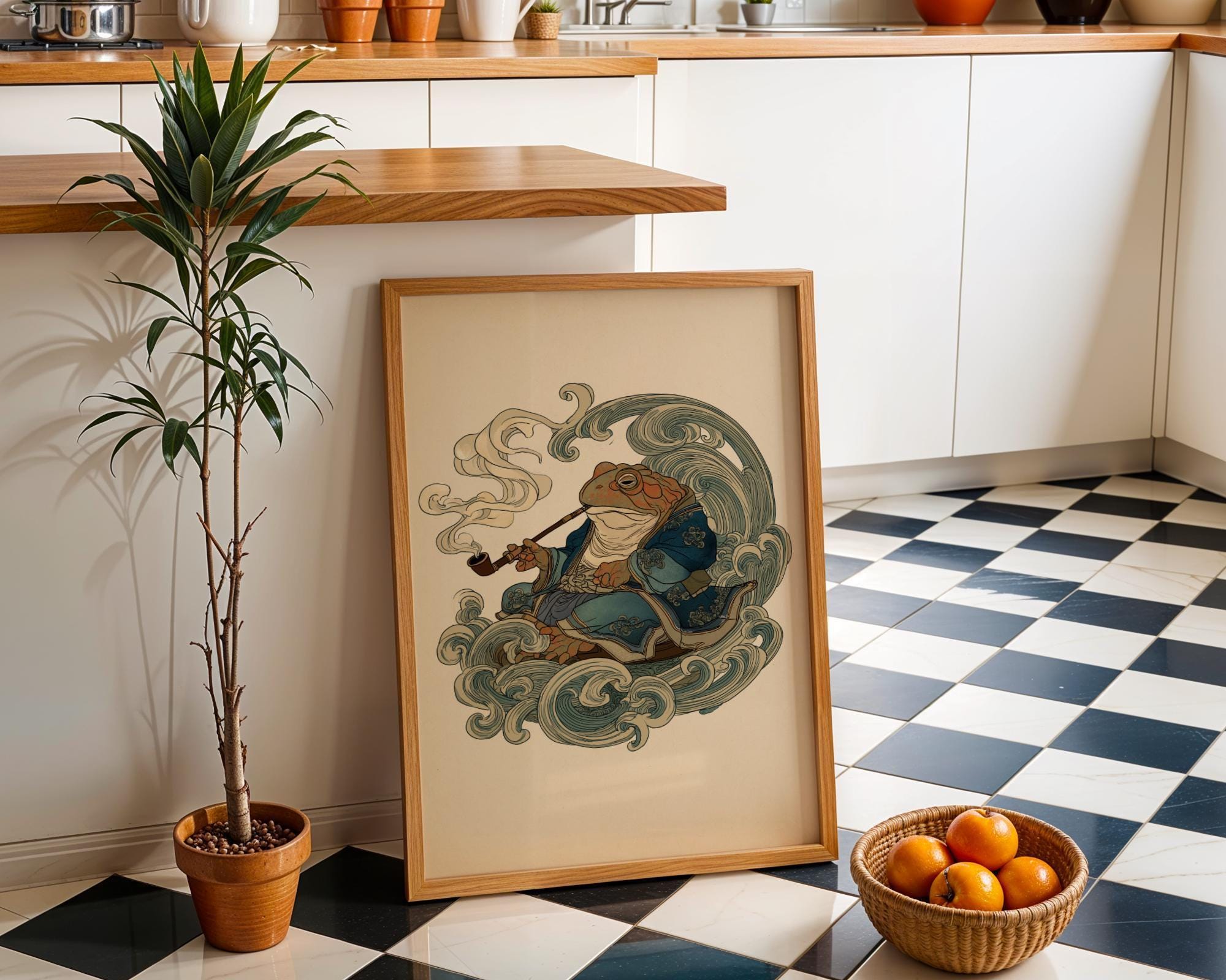 Japanese Whimsical Frog in Kimono, Yokai-Inspired Wall Art by The Wall Art Studio