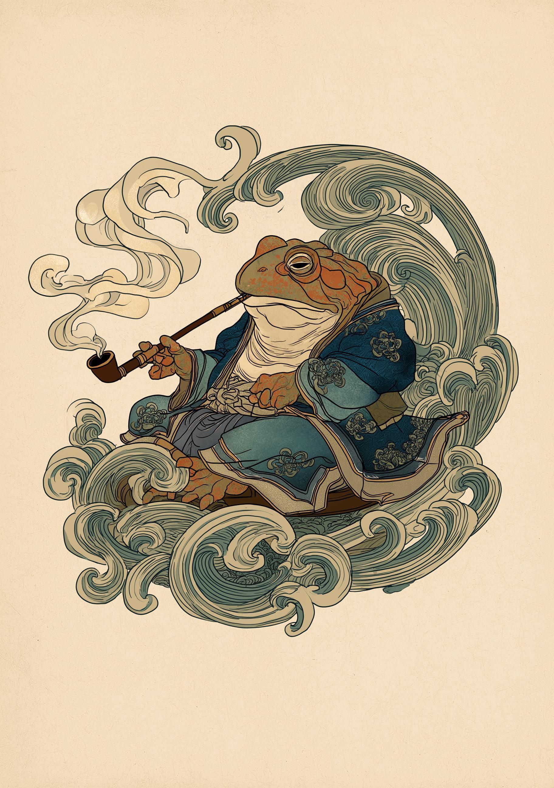 Japanese Whimsical Frog in Kimono, Yokai-Inspired Wall Art by The Wall Art Studio