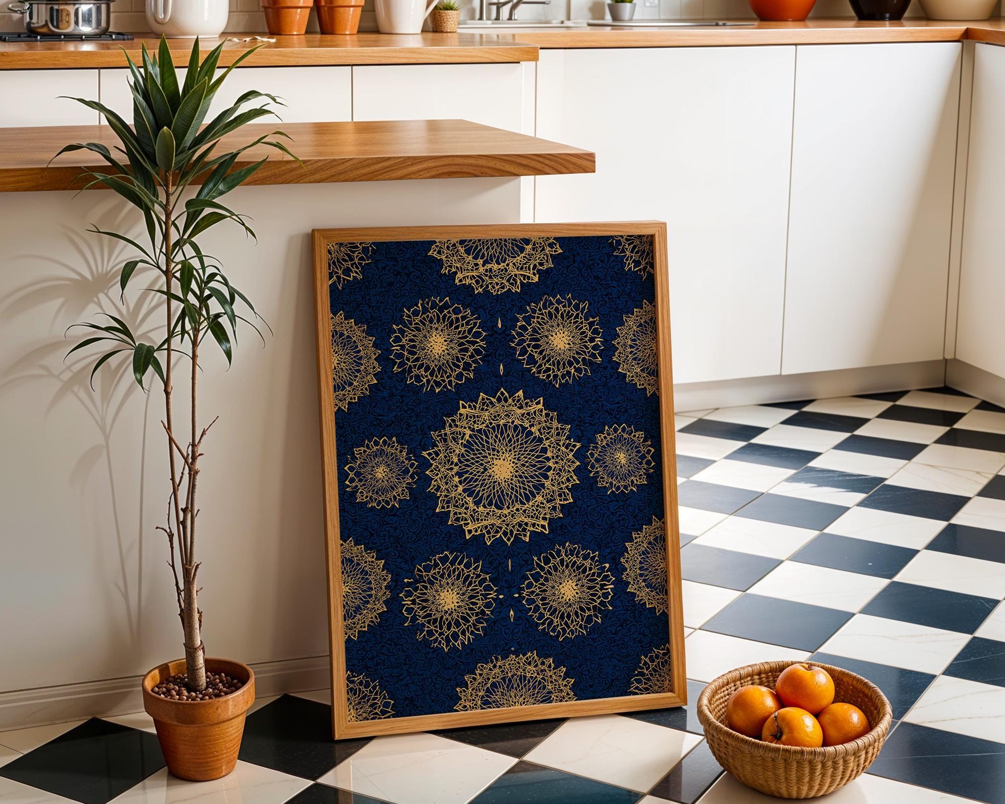 Islamic Geometric Pattern Blue & Gold Moroccan Tile Wall Art by The Wall Art Studio