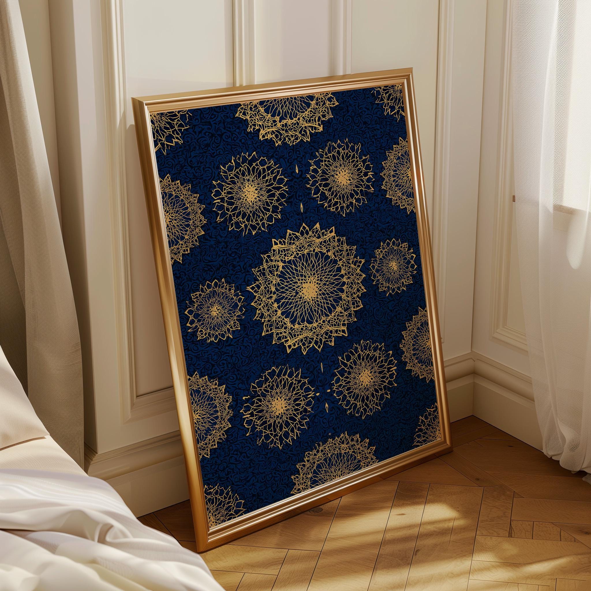Islamic Geometric Pattern Blue & Gold Moroccan Tile Wall Art by The Wall Art Studio