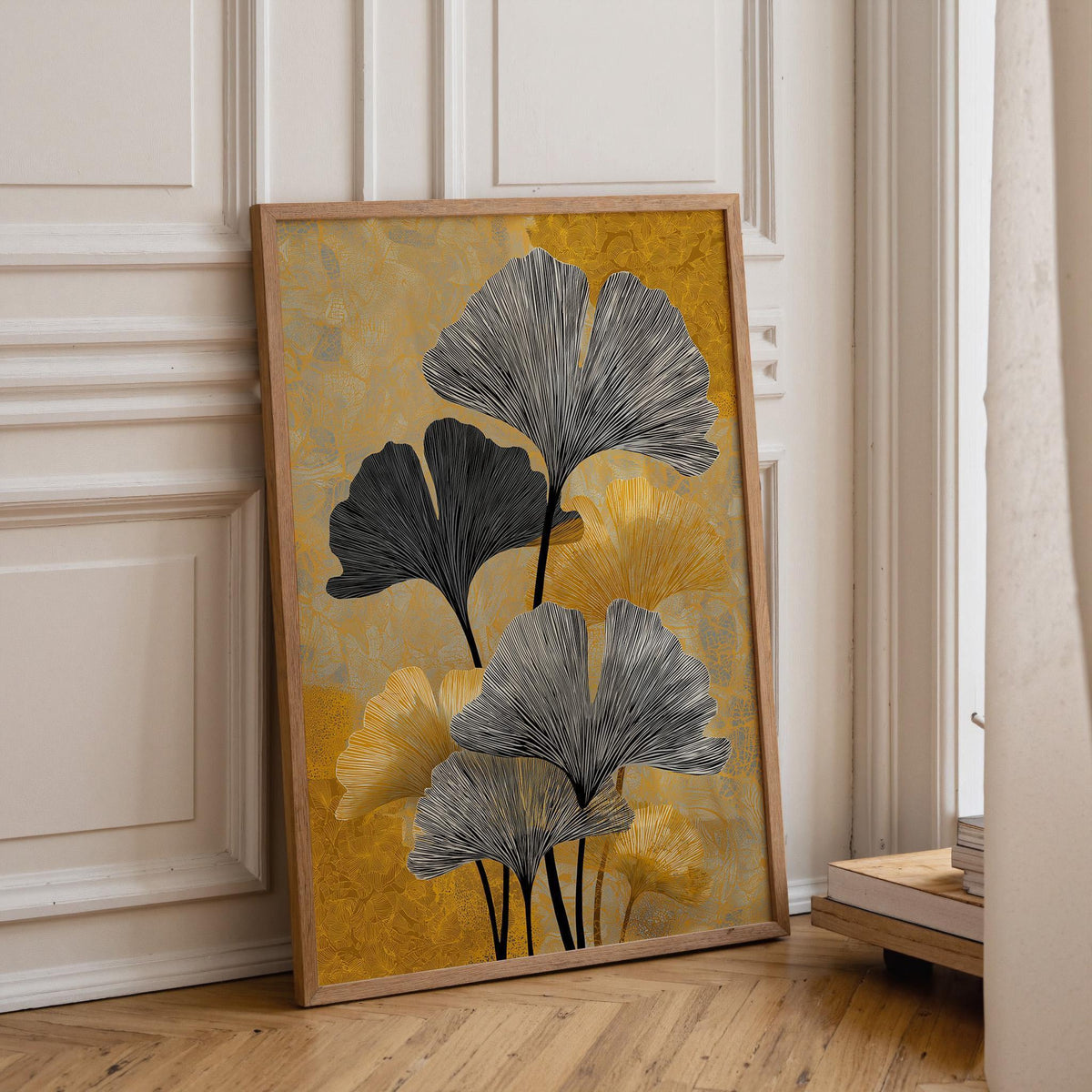 Black & Gold Ginkgo Minimalist Botanical Art Deco Leaf Wall Art