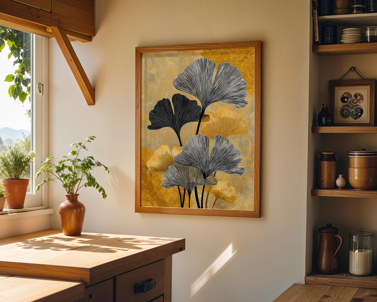 Black & Gold Ginkgo Minimalist Botanical Art Deco Leaf Wall Art