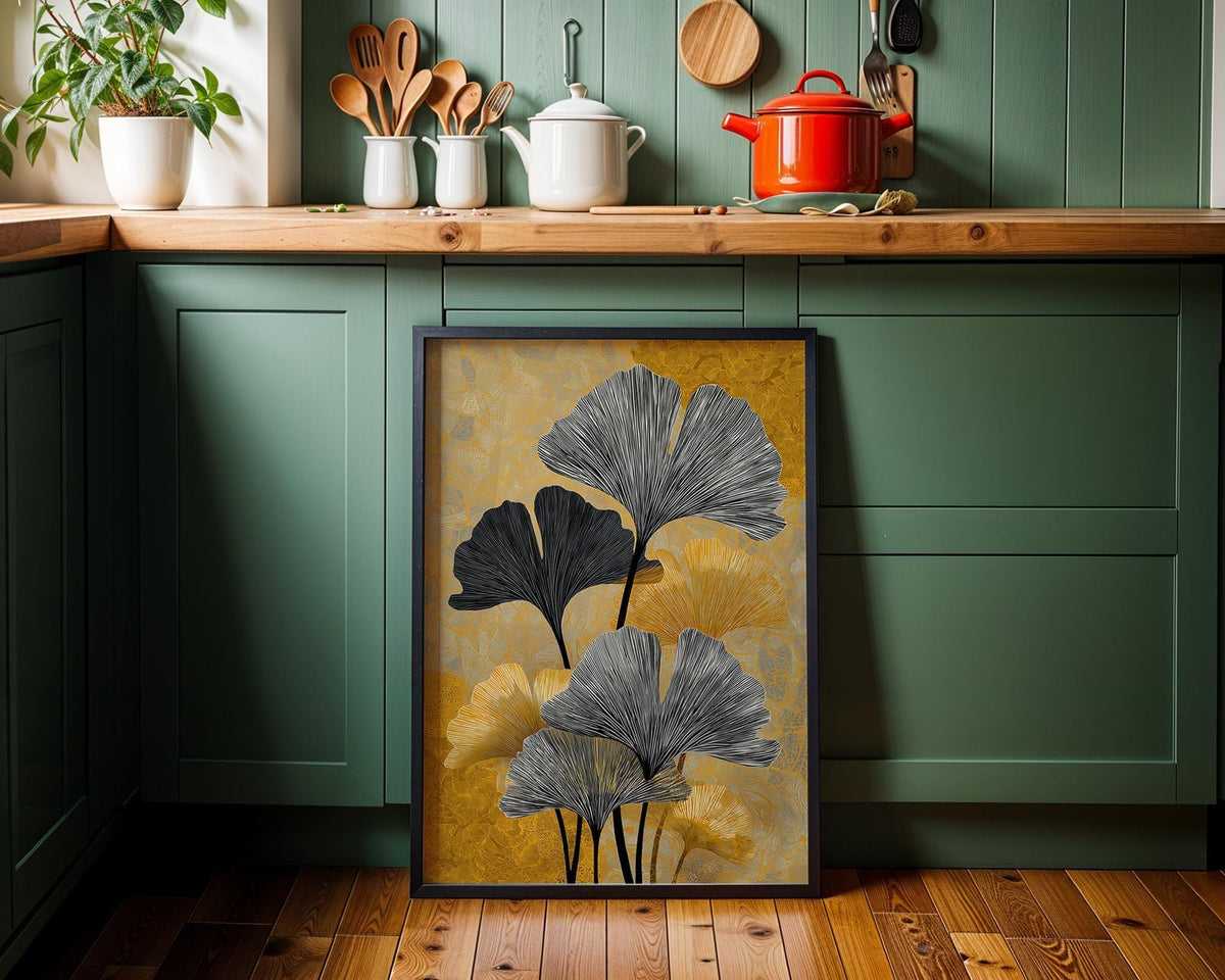 Black & Gold Ginkgo Minimalist Botanical Art Deco Leaf Wall Art