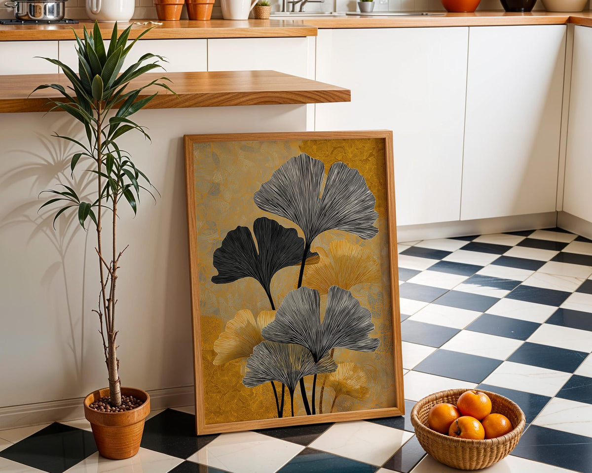 Black & Gold Ginkgo Minimalist Botanical Art Deco Leaf Wall Art