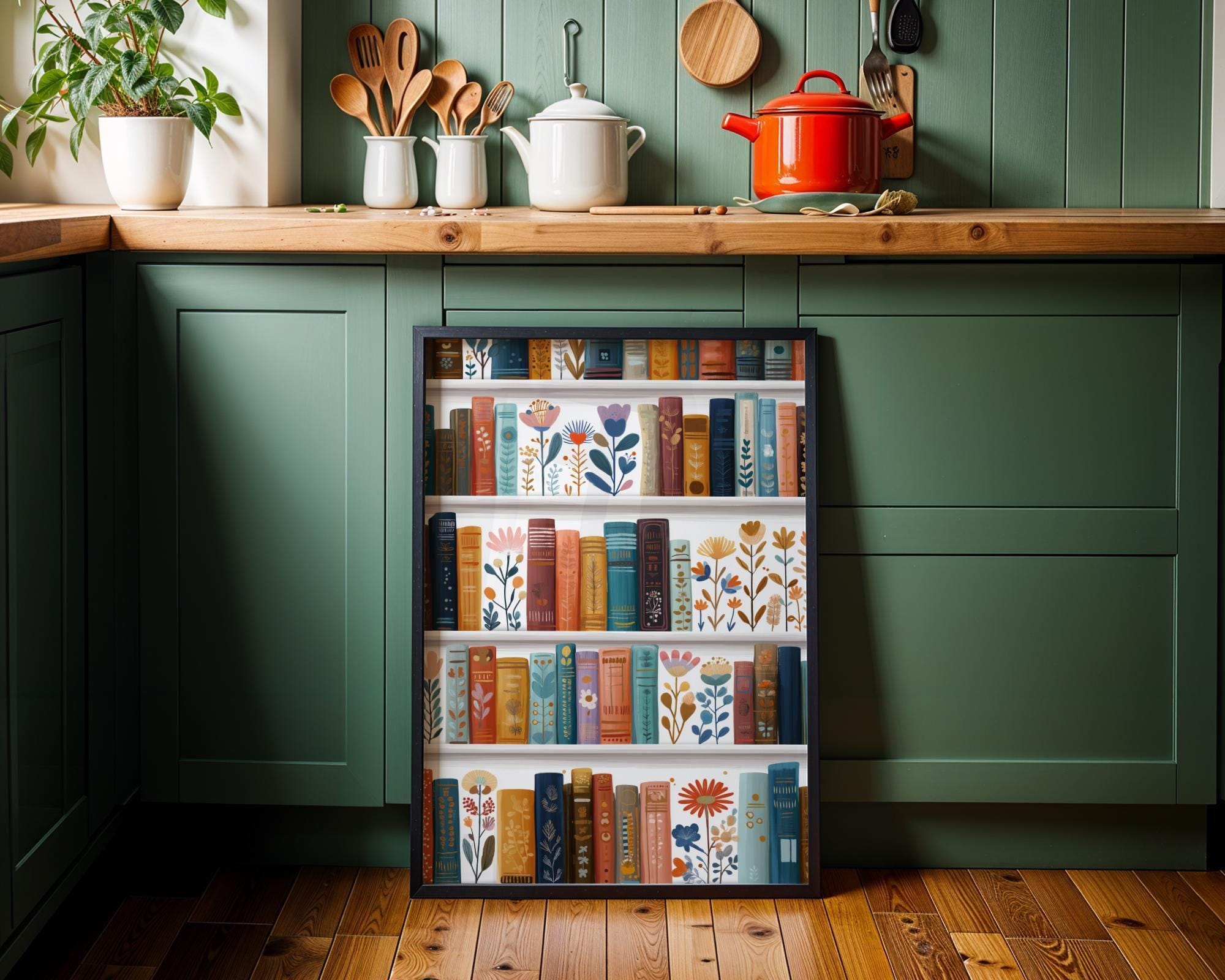 Floral Bookshelf Botanical Book LoverWhimsical Library Wall Art by The Wall Art Studio