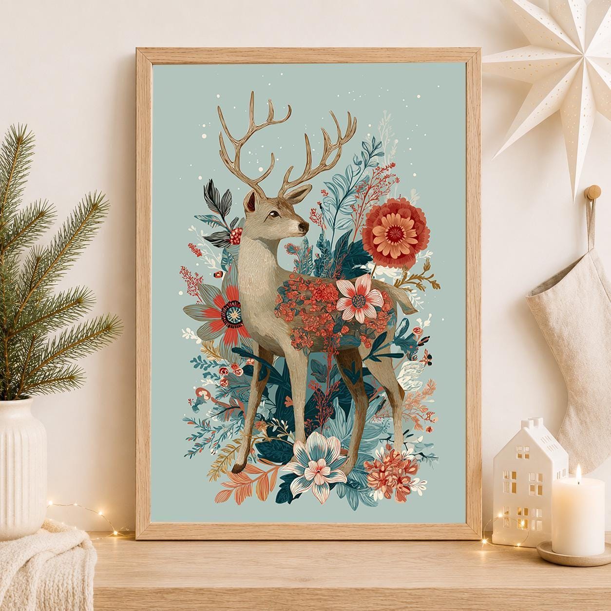 Floral Deer Christmas Woodland Rustic Winter Wall Art by The Wall Art Studio