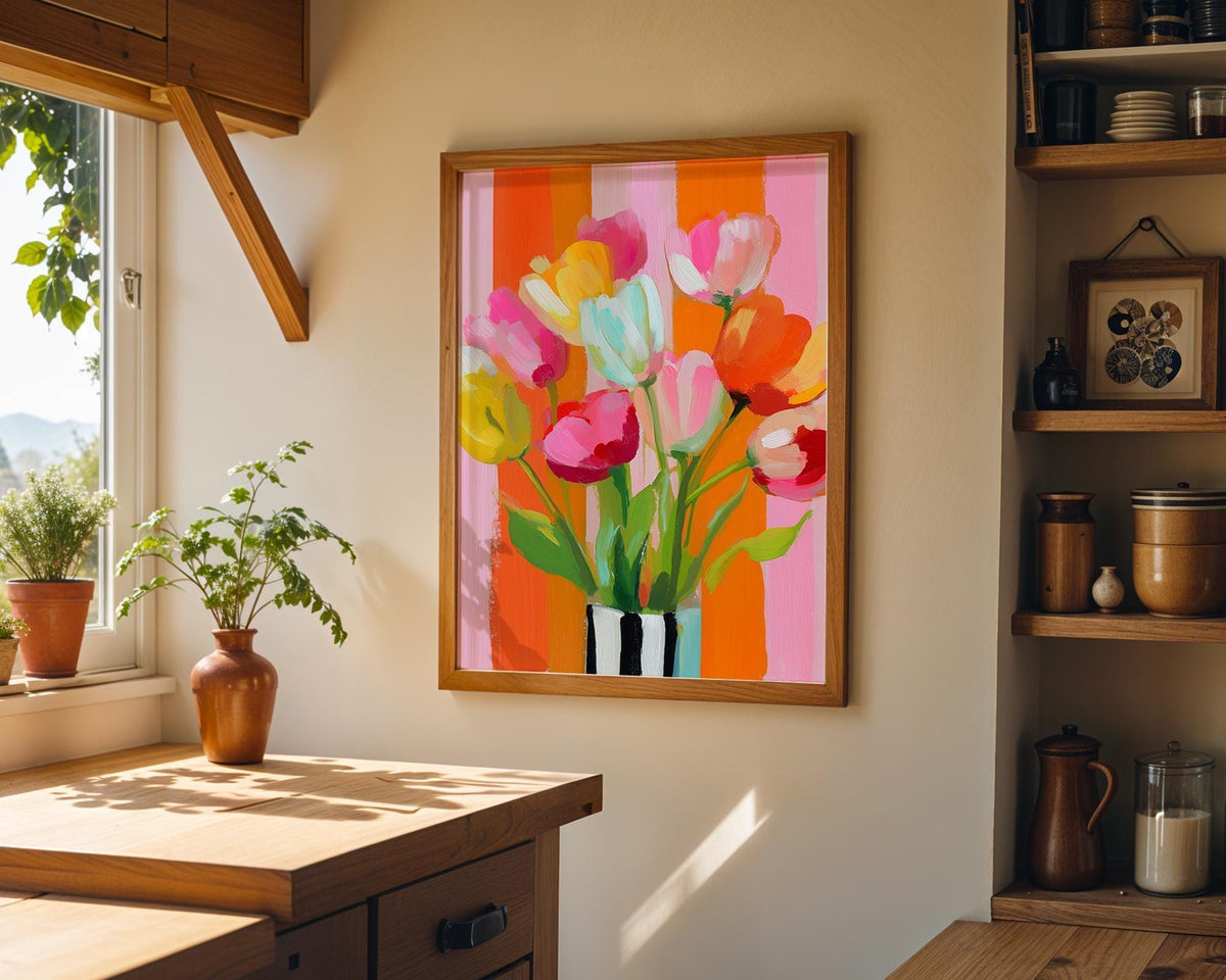 Colorful Tulip Bouquet Pink & Orange Floral Bright Abstract Wall Art by The Wall Art Studio - physical