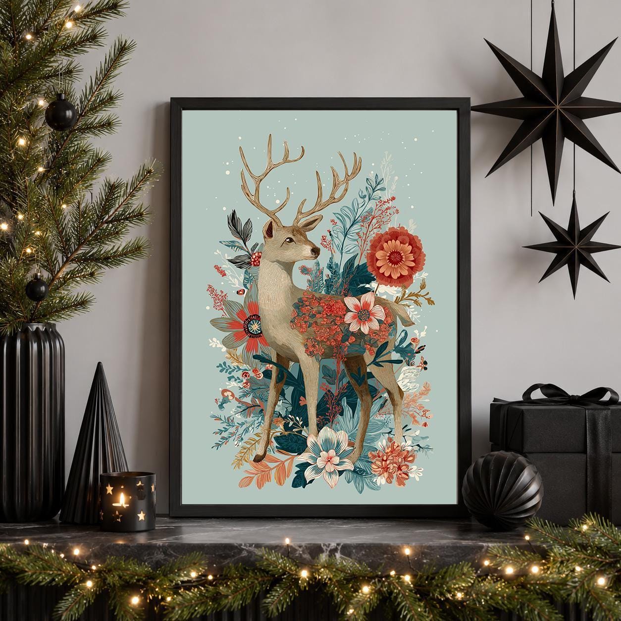 Floral Deer Christmas Woodland Rustic Winter Wall Art by The Wall Art Studio