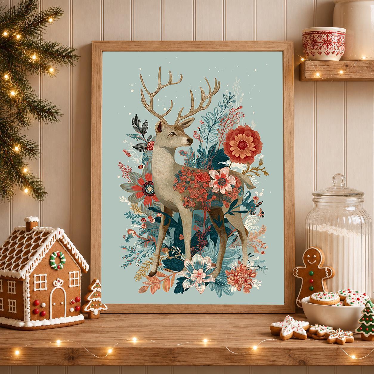 Floral Deer Christmas Woodland Rustic Winter Wall Art by The Wall Art Studio