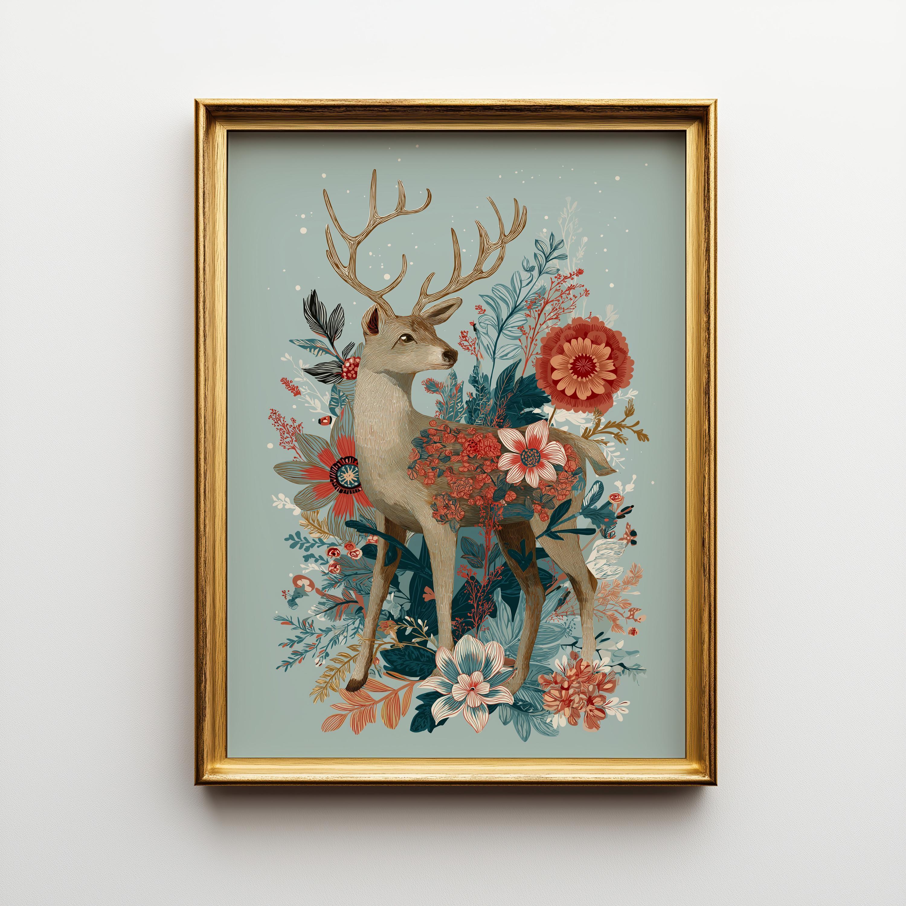 Floral Deer Christmas Woodland Rustic Winter Wall Art by The Wall Art Studio