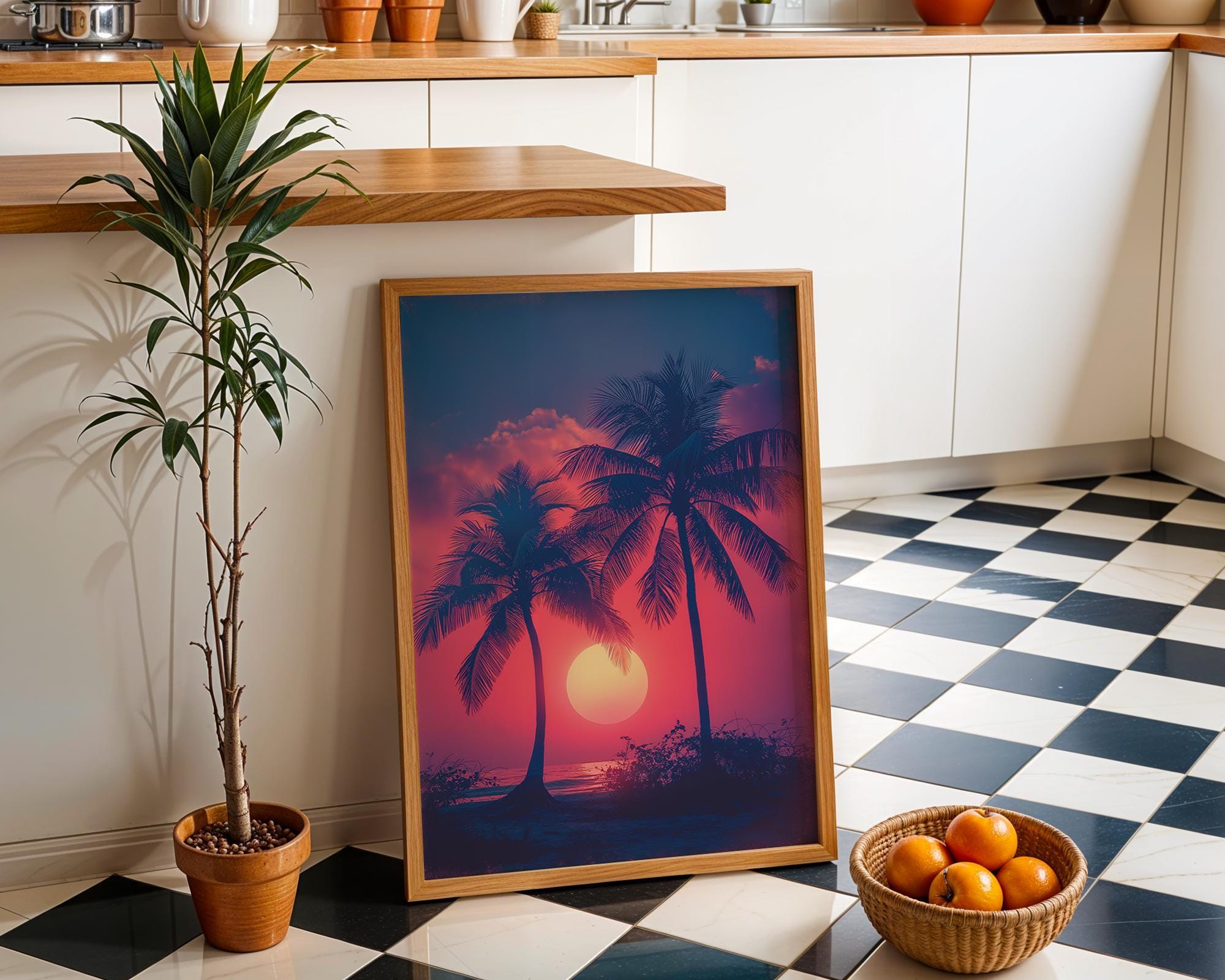 1980s Miami Sunset Retro Synthwave Palm Tree Wall Art by The Wall Art Studio