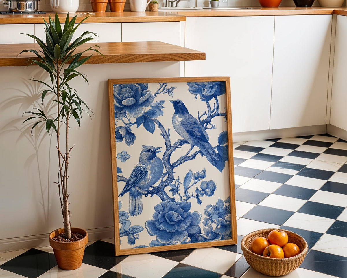 Chinoiserie Bird Blue and White Botanical Vintage Style Songbird Wall Art by The Wall Art Studio - physical