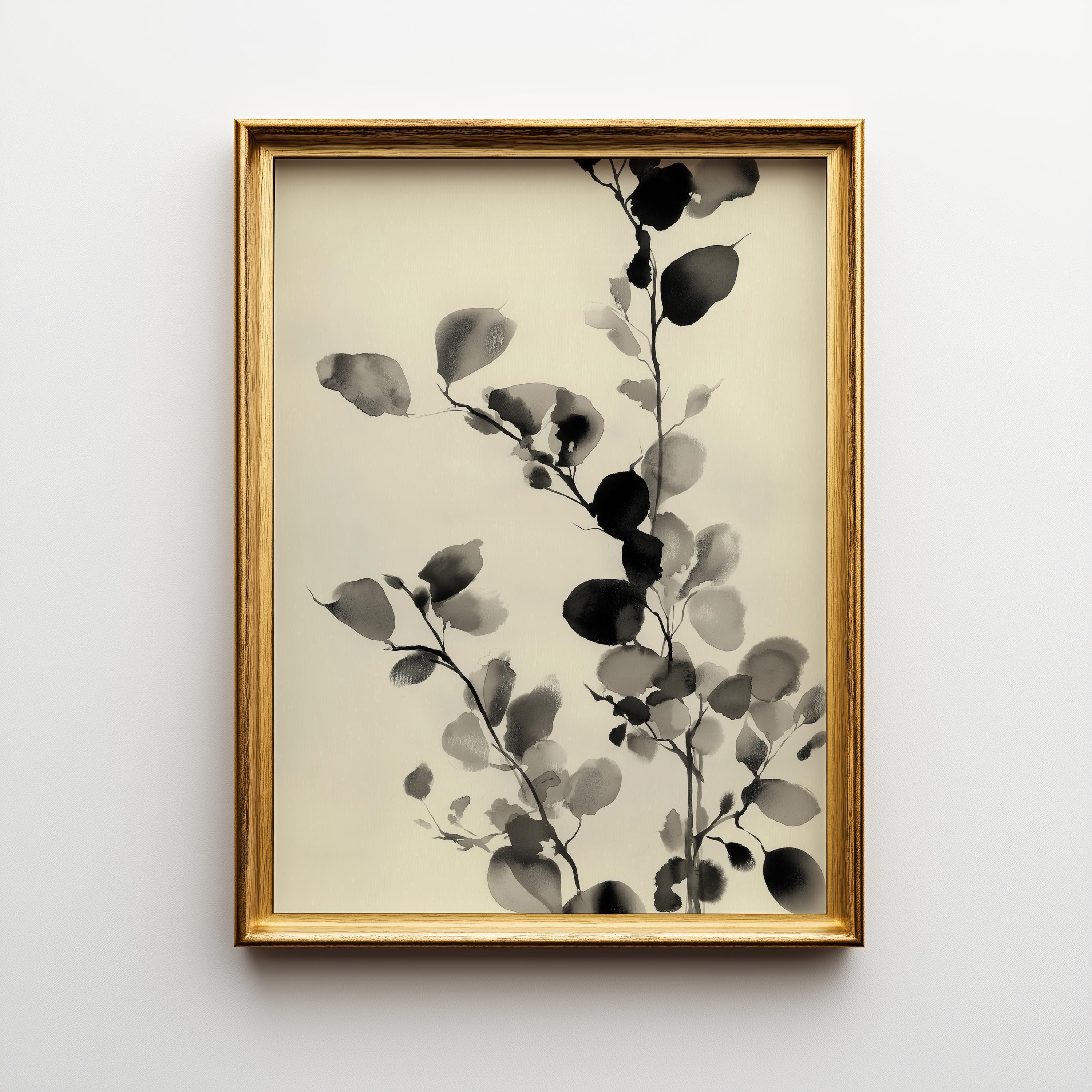 Minimalist Botanical Black Ink Floral Japandi Botanical Wall Art