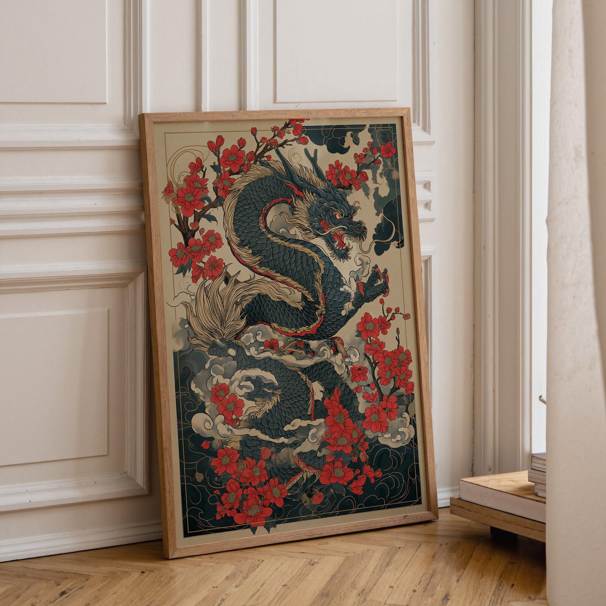Japanese Dragon Cherry Blossom Oriental Tattoo Style Wall Art