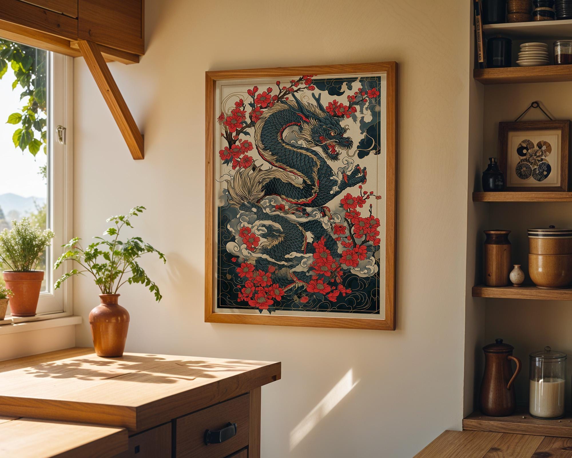 Japanese Dragon Cherry Blossom Oriental Tattoo Style Wall Art