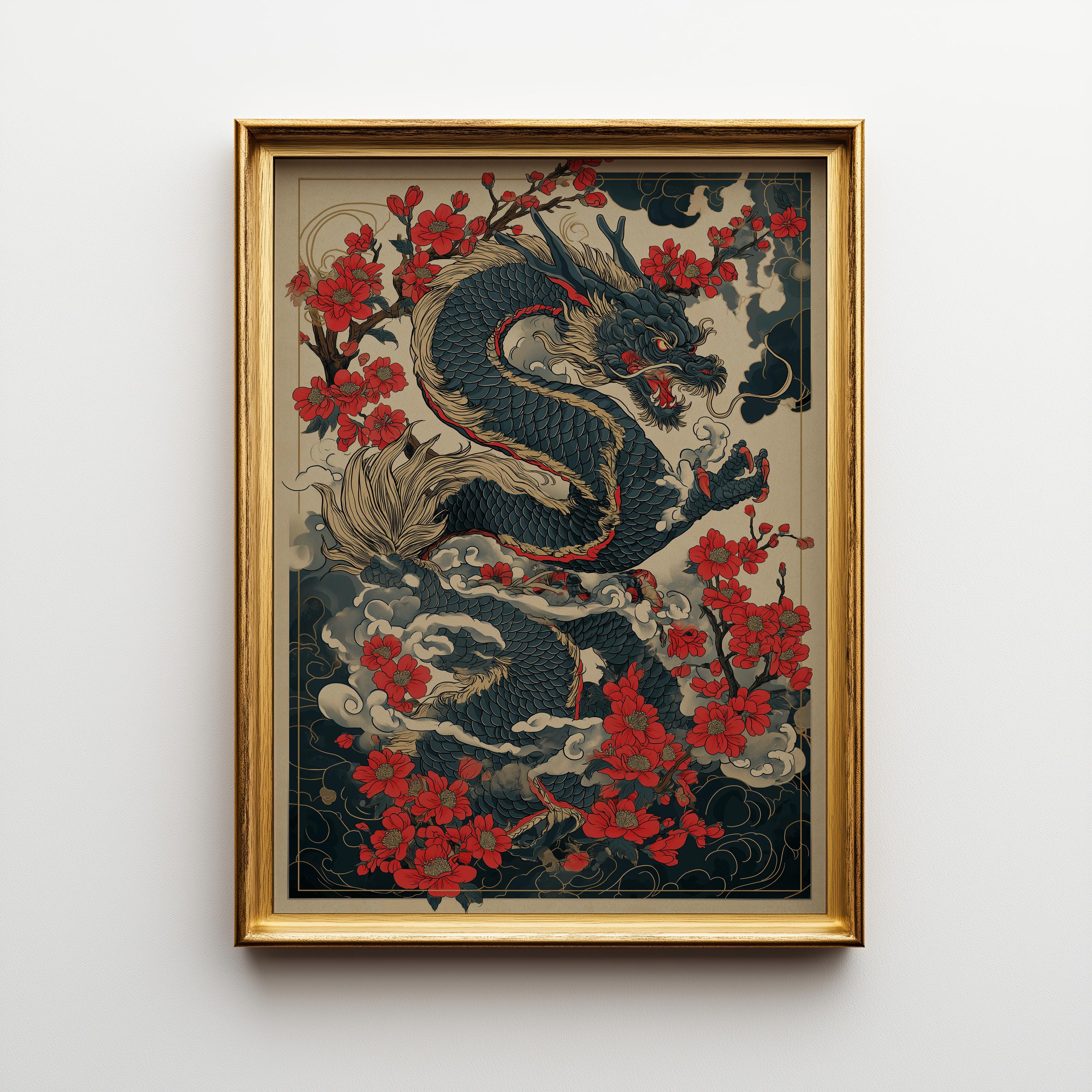 Japanese Dragon Cherry Blossom Oriental Tattoo Style Wall Art
