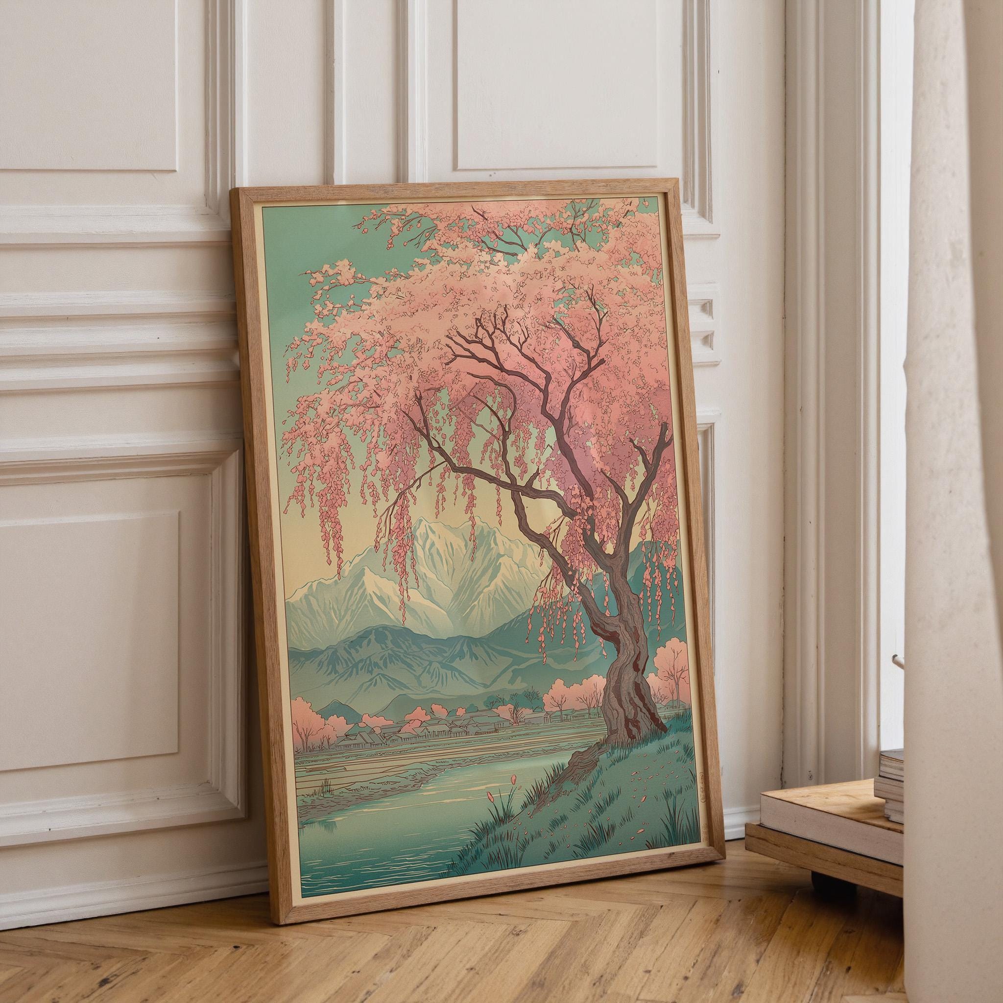 Japanese Cherry Blossom Sakura Tree Pink Floral Mountain Wall Art by The Wall Art Studio