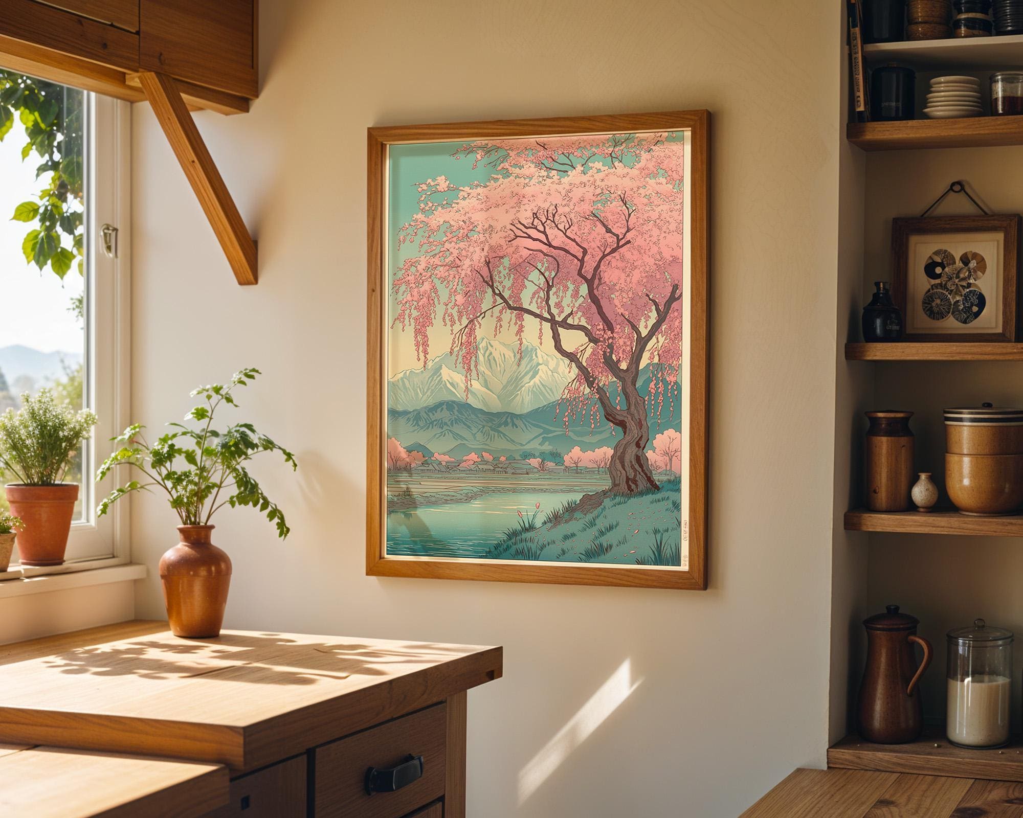 Japanese Cherry Blossom Sakura Tree Pink Floral Mountain Wall Art by The Wall Art Studio