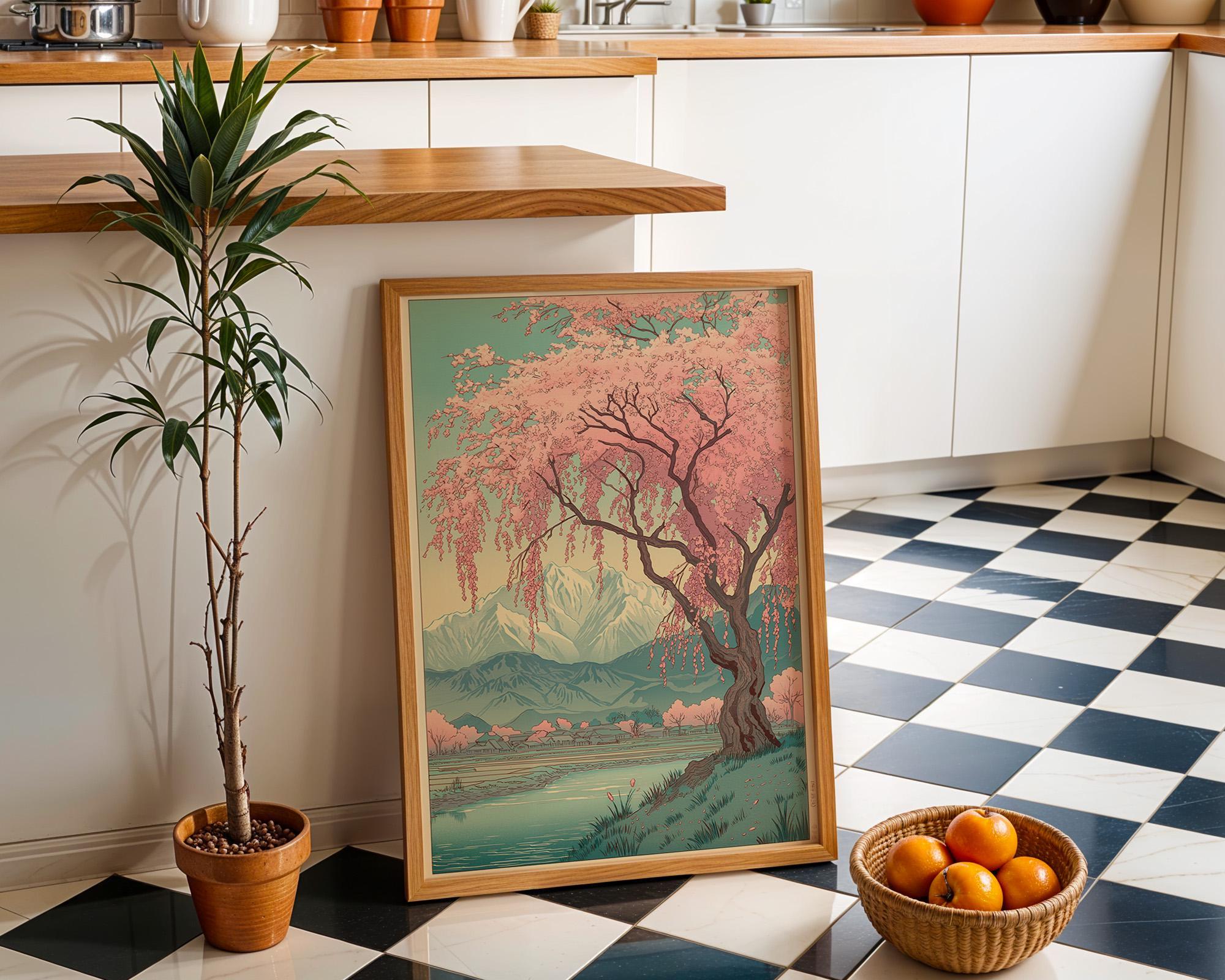 Japanese Cherry Blossom Sakura Tree Pink Floral Mountain Wall Art by The Wall Art Studio