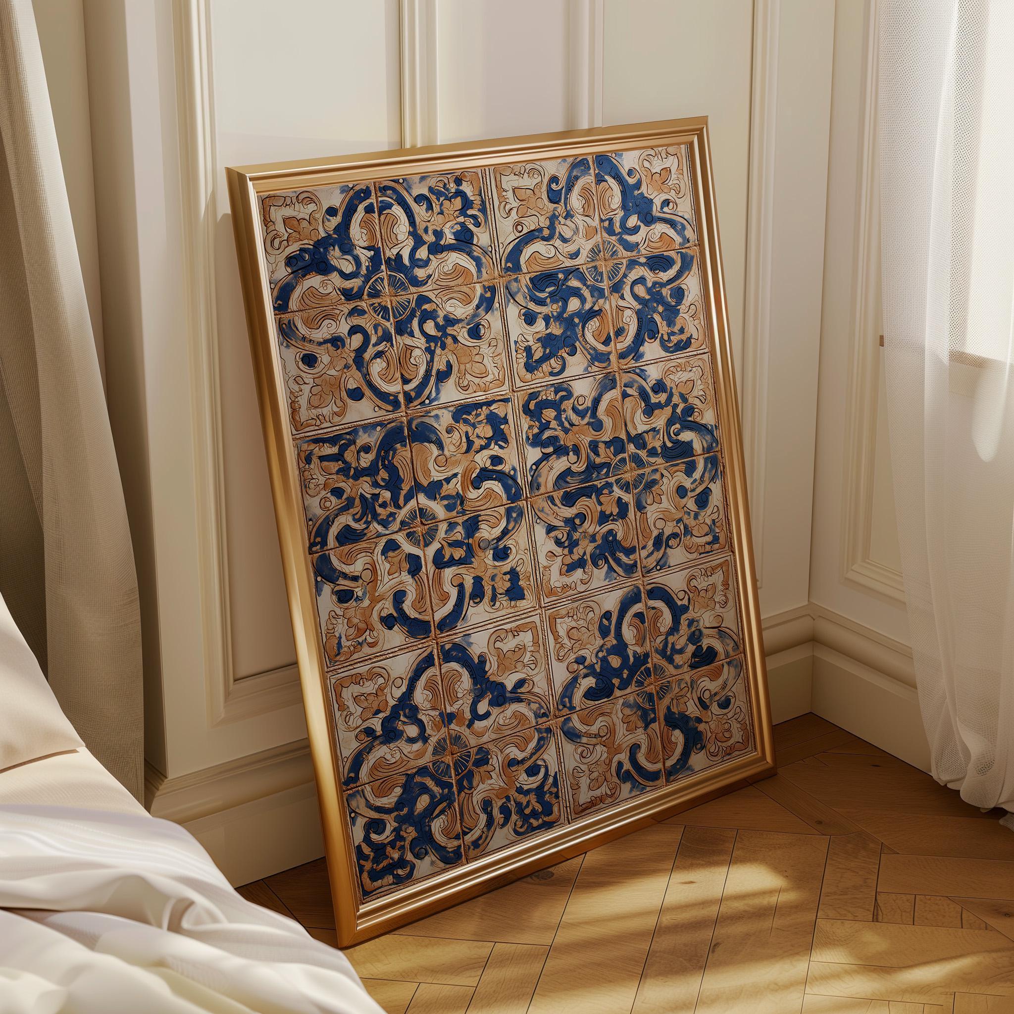 Spanish Tile Pattern Wall Art Mediterranean Azulejos Blue & Terracotta Ceramic Style Wall Art