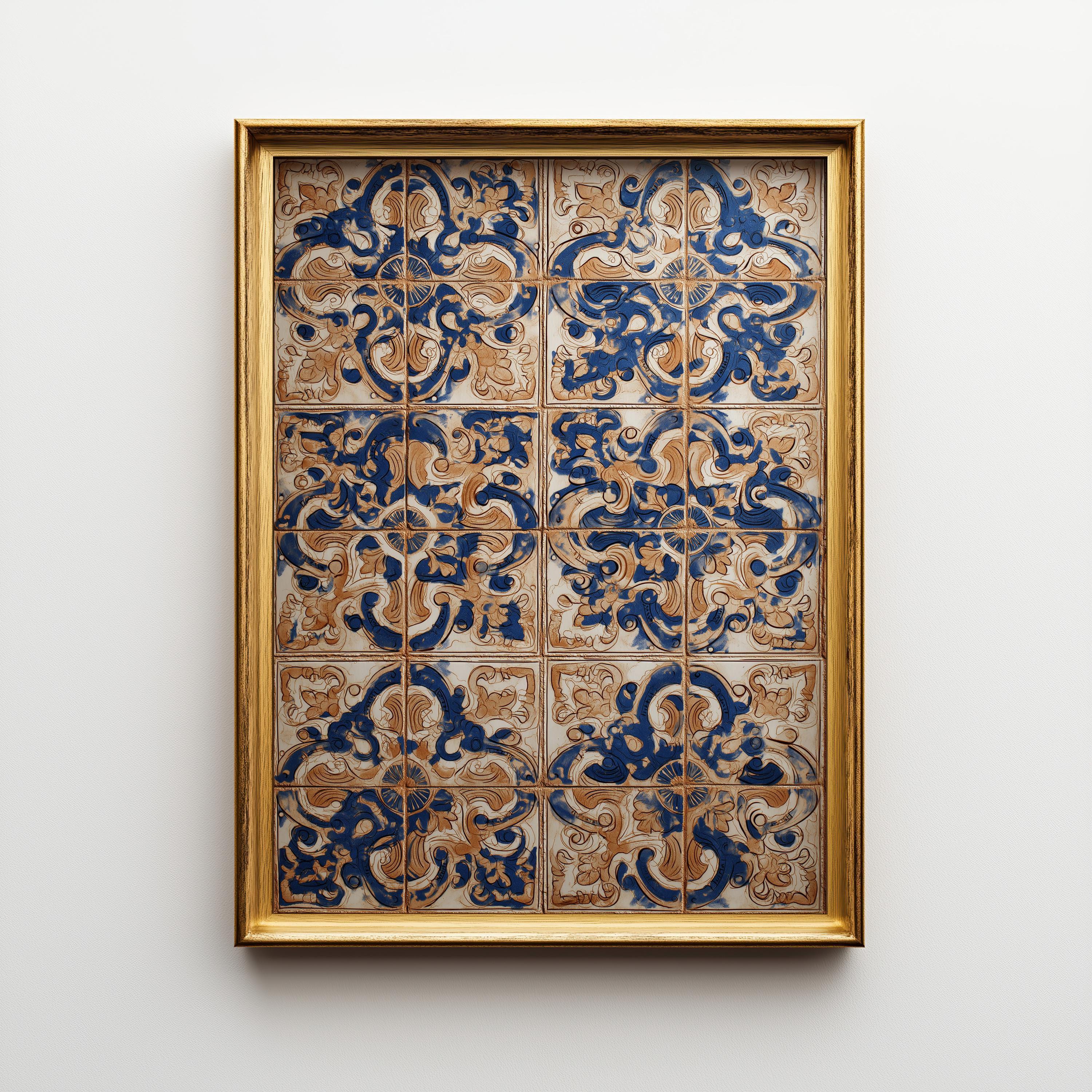 Spanish Tile Pattern Wall Art Mediterranean Azulejos Blue & Terracotta Ceramic Style Wall Art
