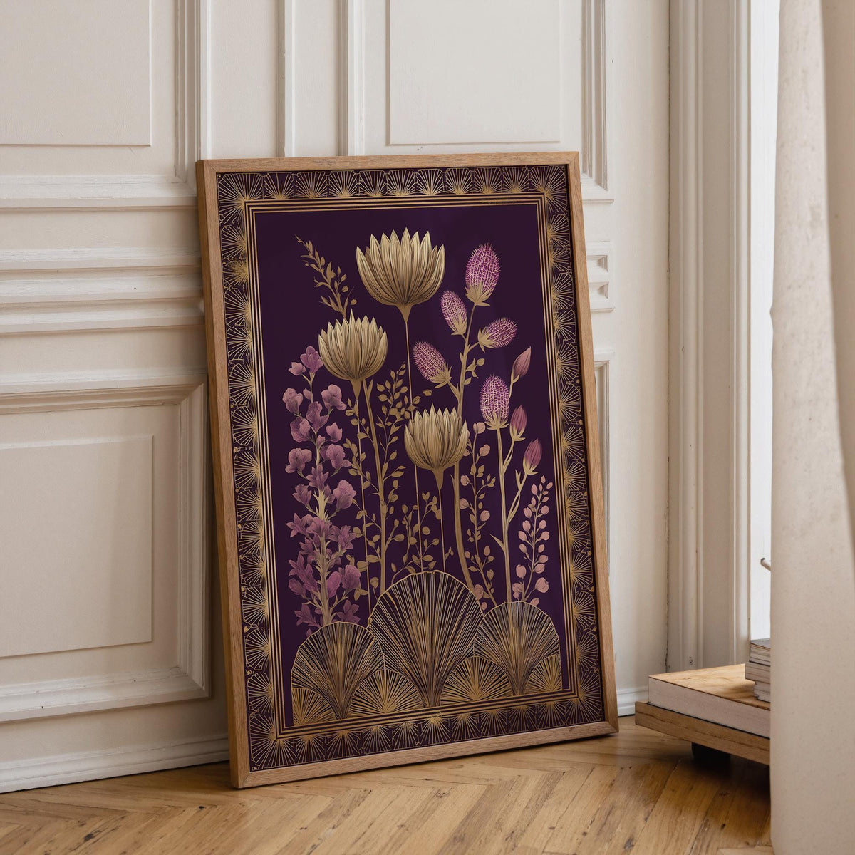 Dark Academia Gold Floral Art Deco Botanical Flower Wall Art by The Wall Art Studio
