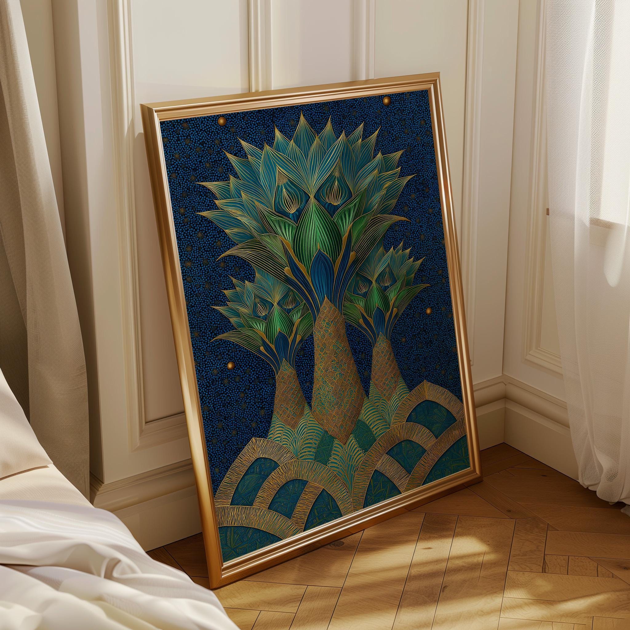 Islamic Palm Tree Blue & Gold Moroccan Wall Art by The Wall Art Studio