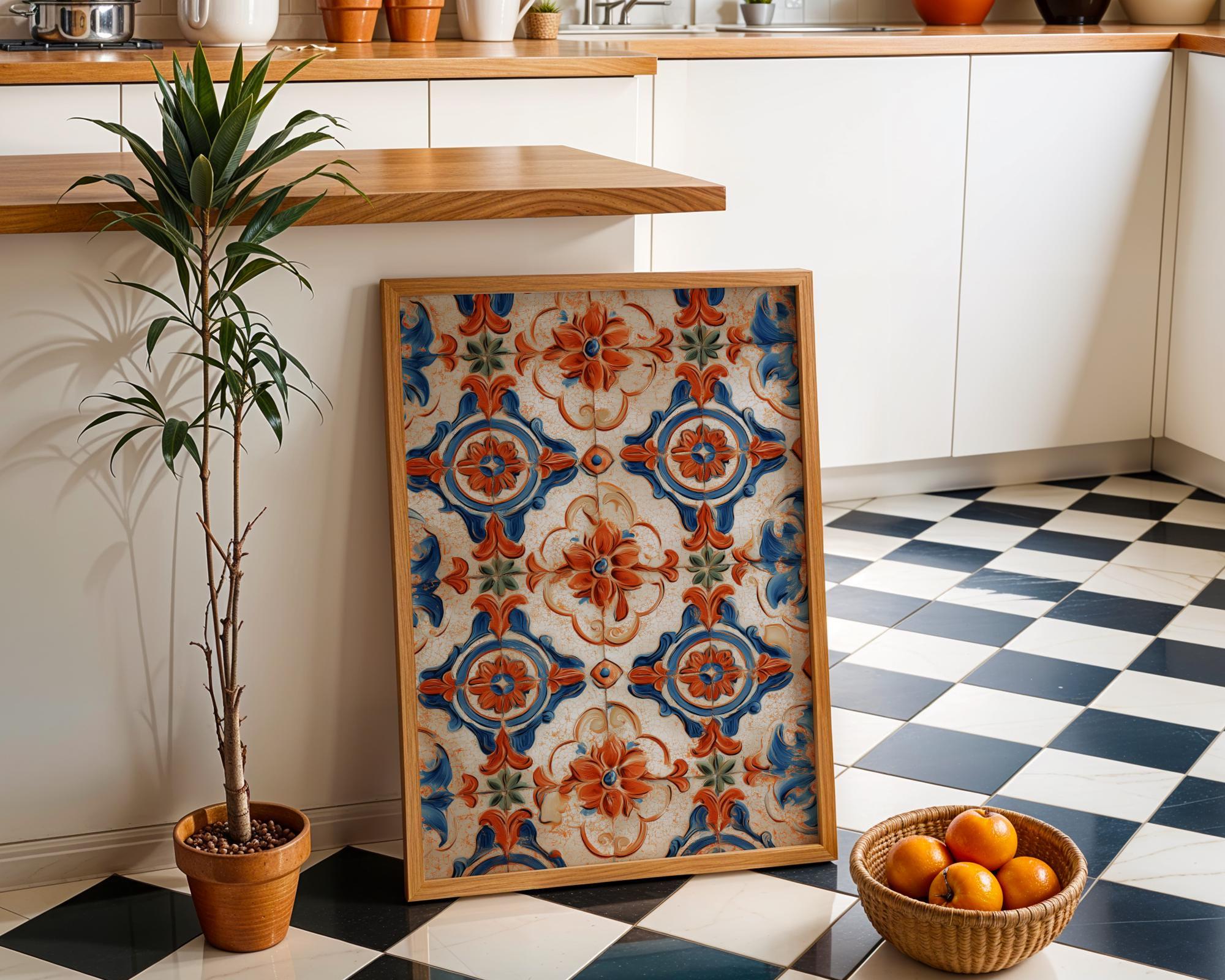 Spanish Tile Pattern Mediterranean Azulejos Blue & Terracotta Ceramic Style Wall Art