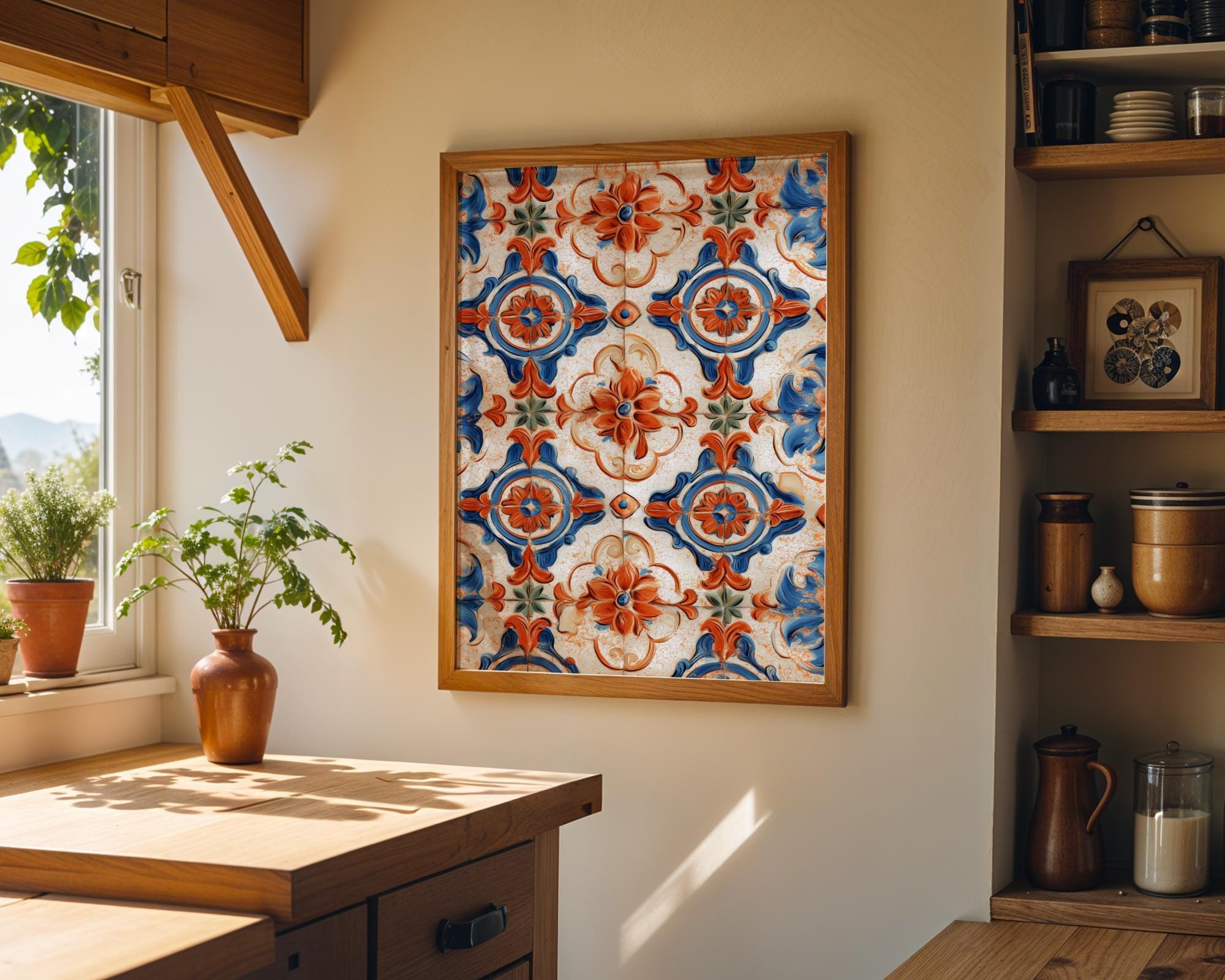 Spanish Tile Pattern Mediterranean Azulejos Blue & Terracotta Ceramic Style Wall Art