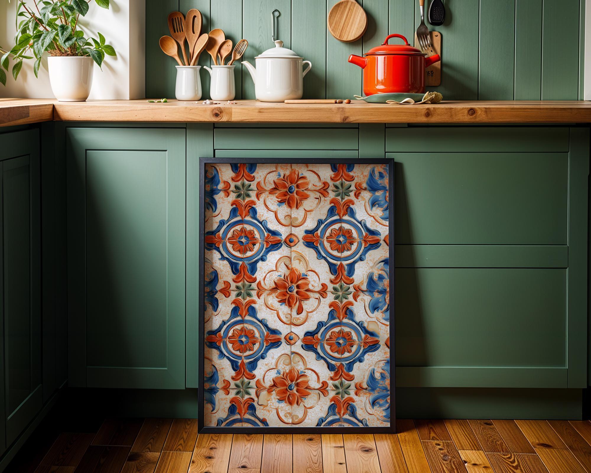 Spanish Tile Pattern Mediterranean Azulejos Blue & Terracotta Ceramic Style Wall Art