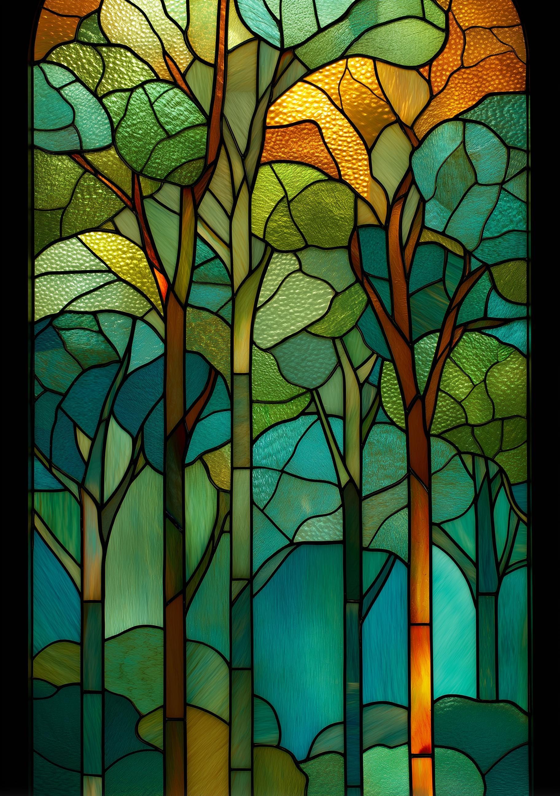 Stained Glass Forest Art Nouveau Tree Woodland Nature Wall Art